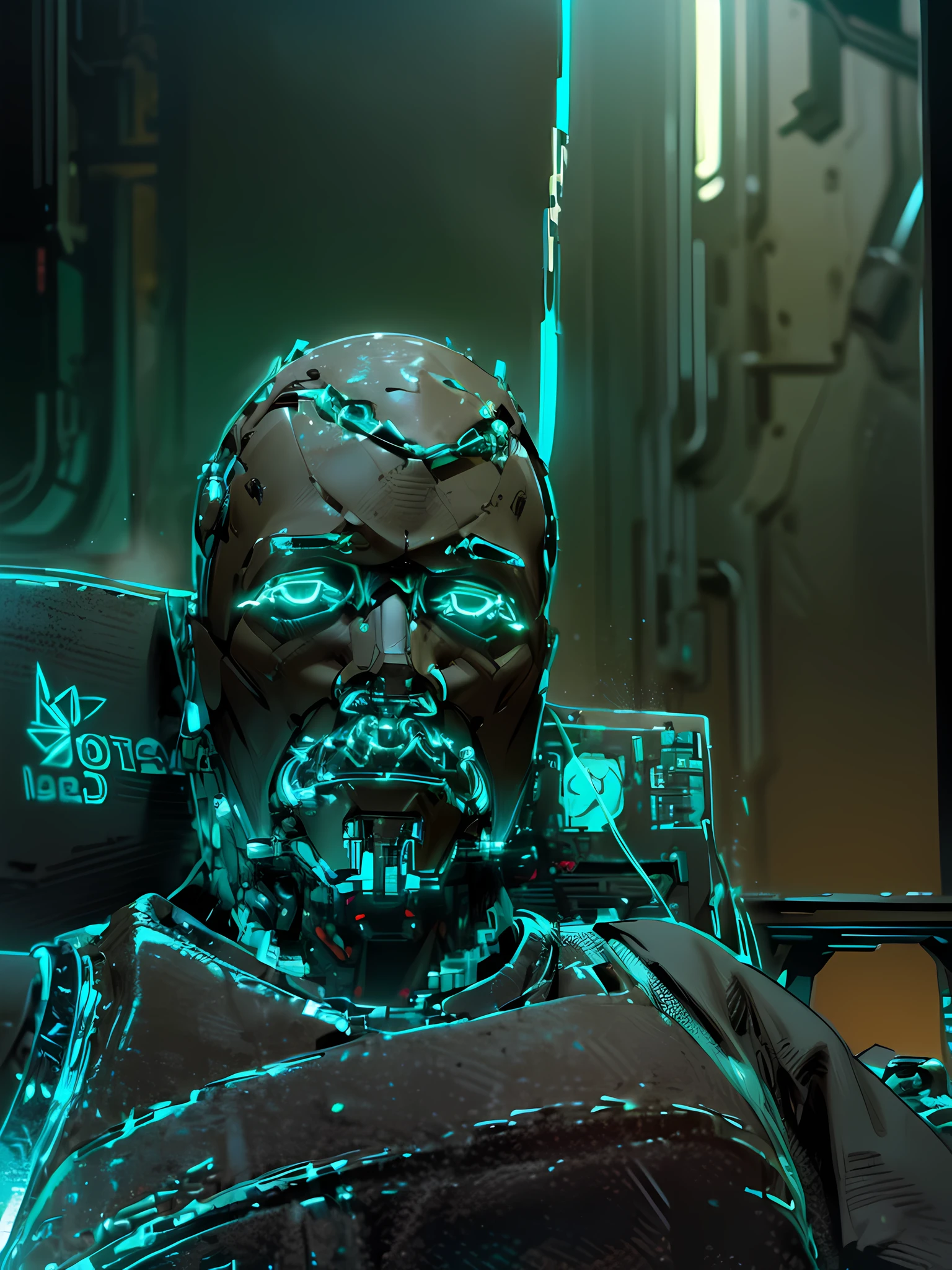 ((Man sitting wearing a Mecha armor in the chest area))), Traces of the Armor in the Style ((DarkSoul)), Behind a comfortable Gamer chair and a PC Gamer, Environment with neon lines Blue, Red and Green, in the Face we have some CyberPunk traces on the forehead and eyes, Beard well detailed of the black color, (Masterpiece, 4k resolution, Ray Tracing, realistic),  ((background blur: 0.3)), ((((Ultra Generation GAMER Bench)))), (((Human Face: 0.7)))