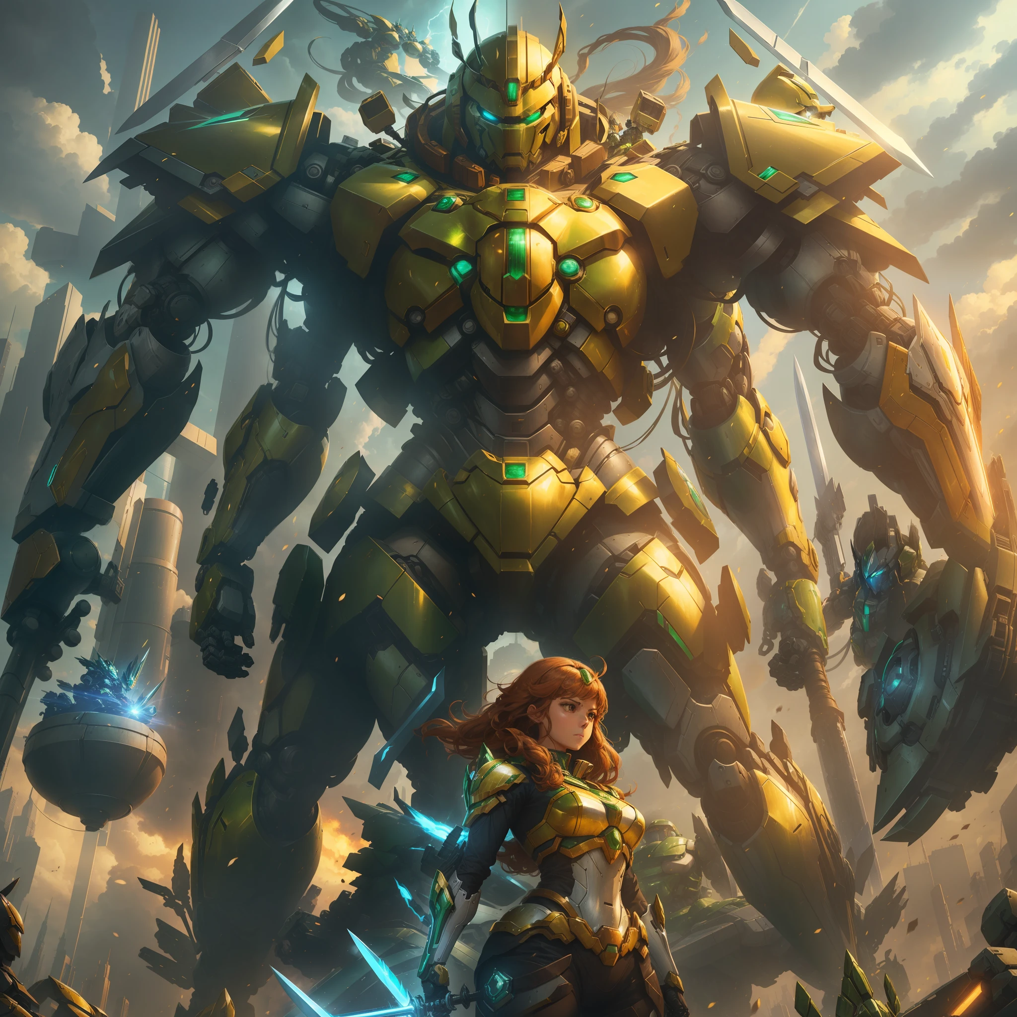 a woman facing a giant mecha robot, green and gold, with a large sword and a shield
