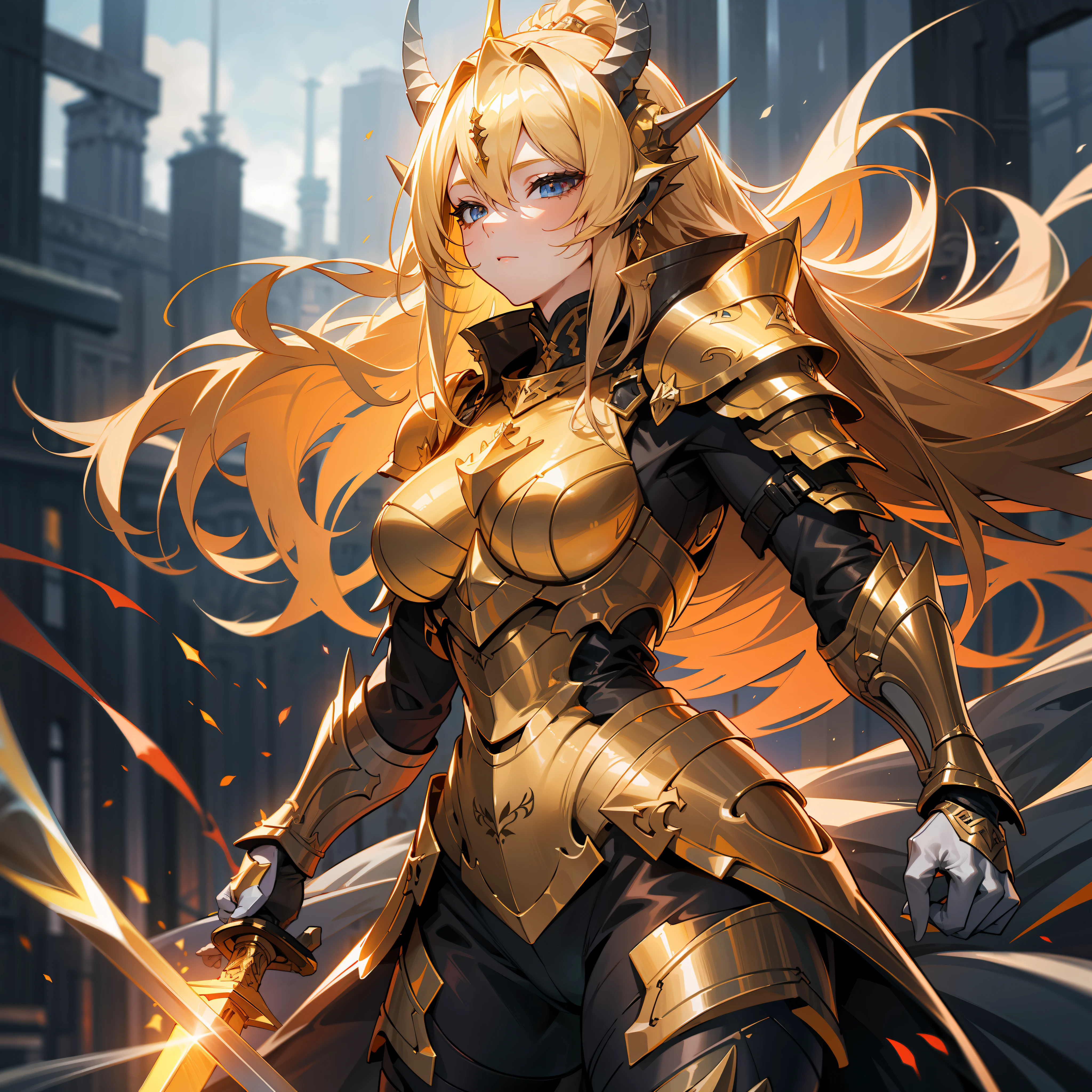 a woman, wildly blonde long hair, dark fantasy, detailed yellow armor, detailed red helmet, large sword
