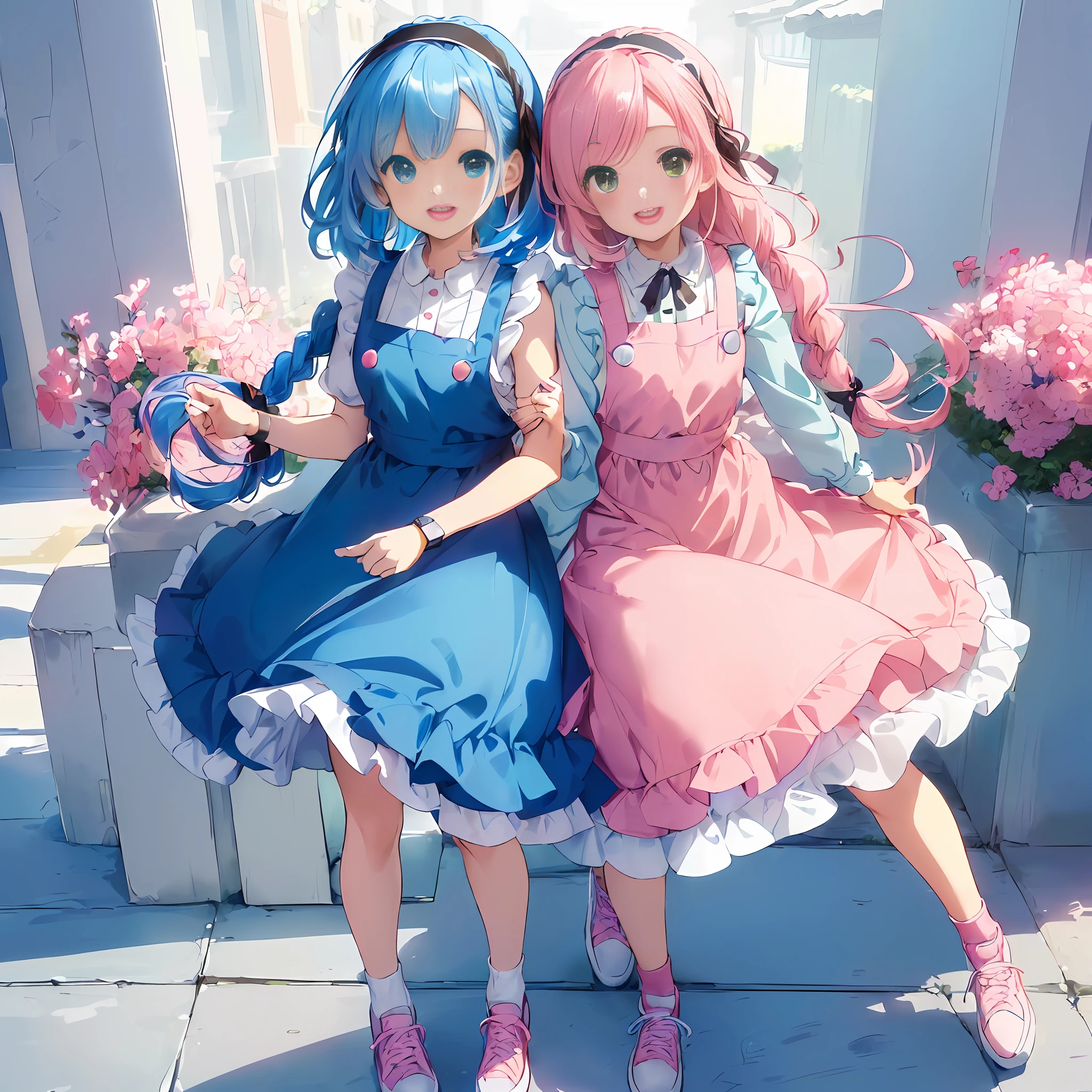 (Masterpiece, Super Detail, Top Quality, 8K, 32K, High Resolution, Kyoto Animation Style Anime Illustration, Top Quality Official Art Features: 1.6), (Heterochromia, Blue and Green Eyes: 1.8), Shining Eyes, (Chibi: 1.8), (Caregiver, One Cute Girl, Solo, Standing, Watch Viewer, Full Body, Predecessor, Cute Open Mouth, Makeup, Cute, Happy Smile:1.3), (:1.2), (cute:1.5), (Clothing: blue dress, white apron, black hairband,pink hair,braid,), (footwear: sneakers), (pale pink hair, braid, long hair, hair ribbon, cute ribbon: 1.8), thin eyebrows