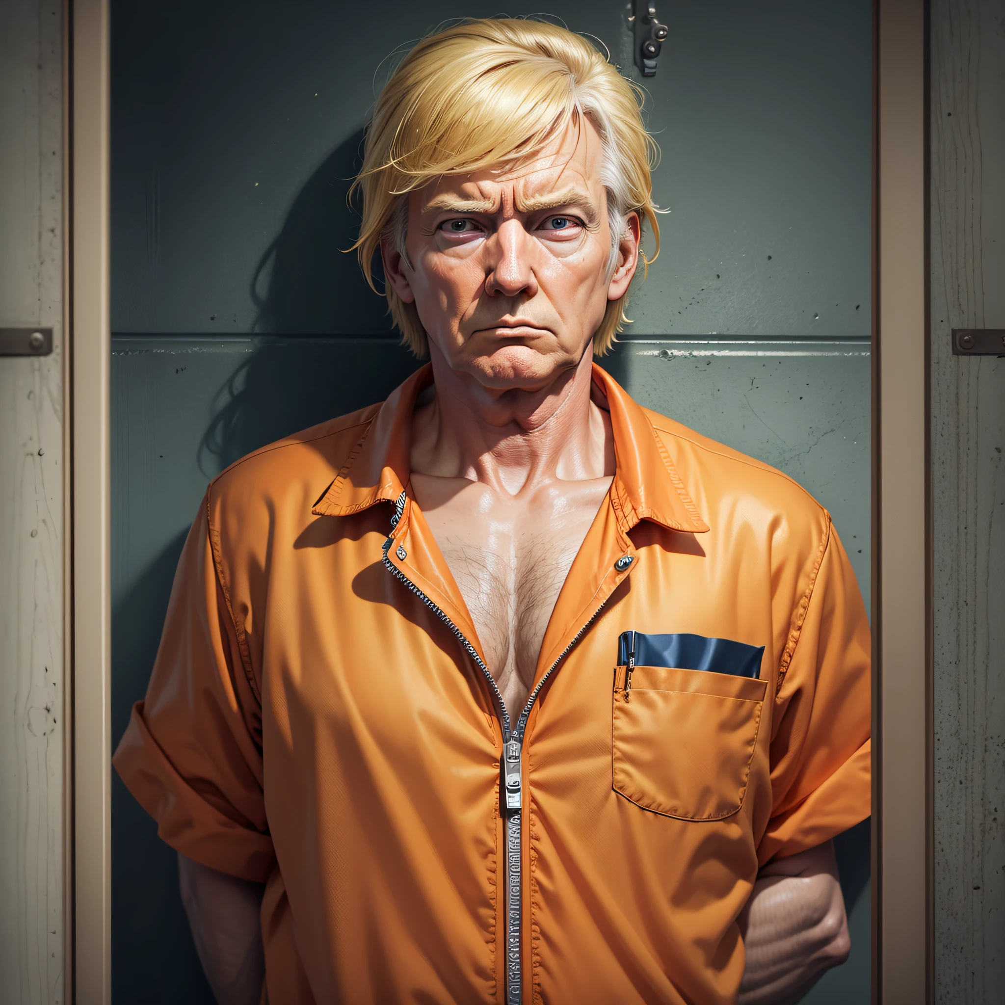 Donald Trump, in a dank prison cell, wearing an orange jumpsuit and a forlorn expression.