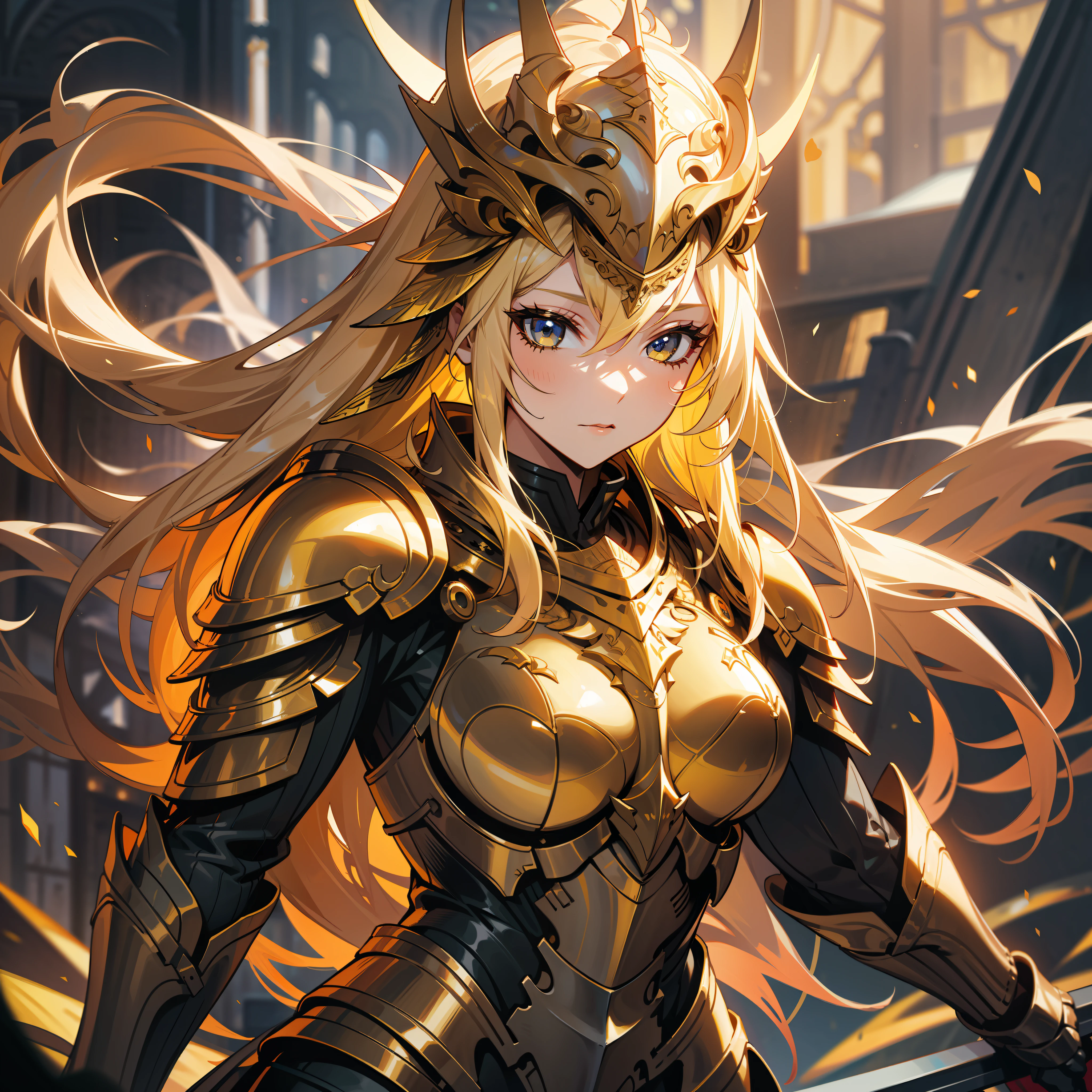 a woman, wildly blonde long hair, dark fantasy, detailed yellow armor, detailed red helmet, large sword