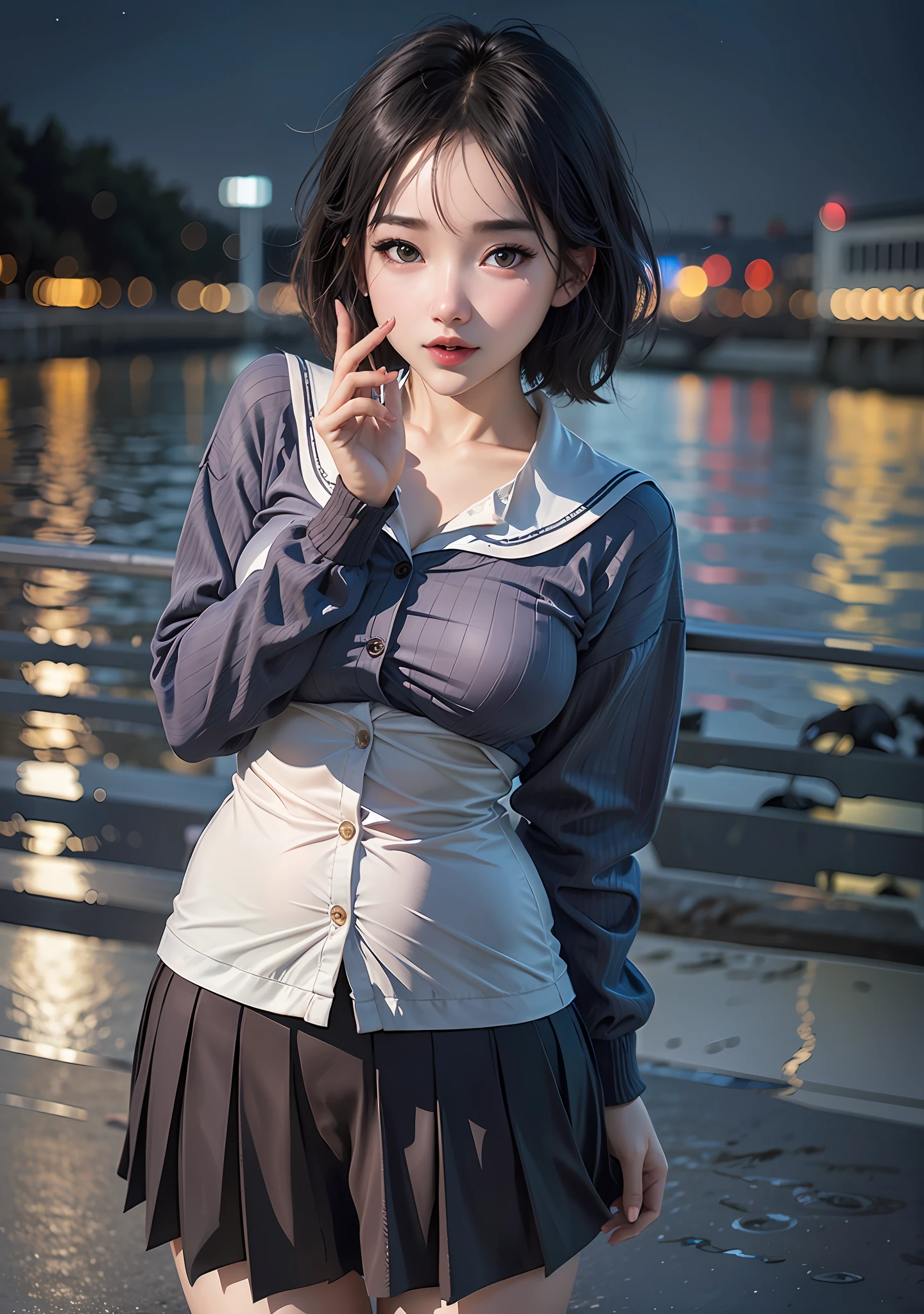 A short-haired schoolgirl by the sea, wearing a school uniform, school clothes, JK school uniform, perfect and exquisite facial features, cute expression, beautiful sea, behind the sea with night view, the reflection of the sea surface is very bright, the ocean at night, thick bangs, girl, (8k, RAW photo, best quality, mastery:1.2), (realistic, photo-realistic:1.37), (pureerosface_v1:0. 2), (ulzzang-6500:0.6), omertosa, 1girl, (Kpop idol), (aegyo sal :1), cute, cityscape, night, rain, humidity, professional lighting, photon mapping, radiosity, physically based rendering