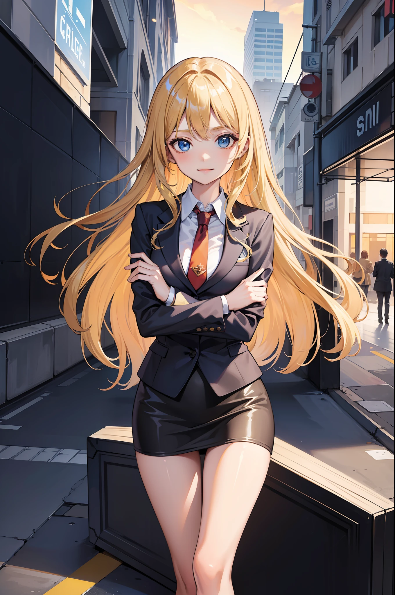 ((masterpiece)), ((best quality)), ((highres)), 1girl, solo, reporter, bare legs, looking at viewer, light particles, city backdrop, perfect hands, perfect eyes, perfect legs, perfect arms, perfect fingers, medium breasts, standing, blonde hair, long hair, matching shoes, blue eyes, cute face, hair down, smirk, blue suit and tie, miniskirt, pencil skirt,