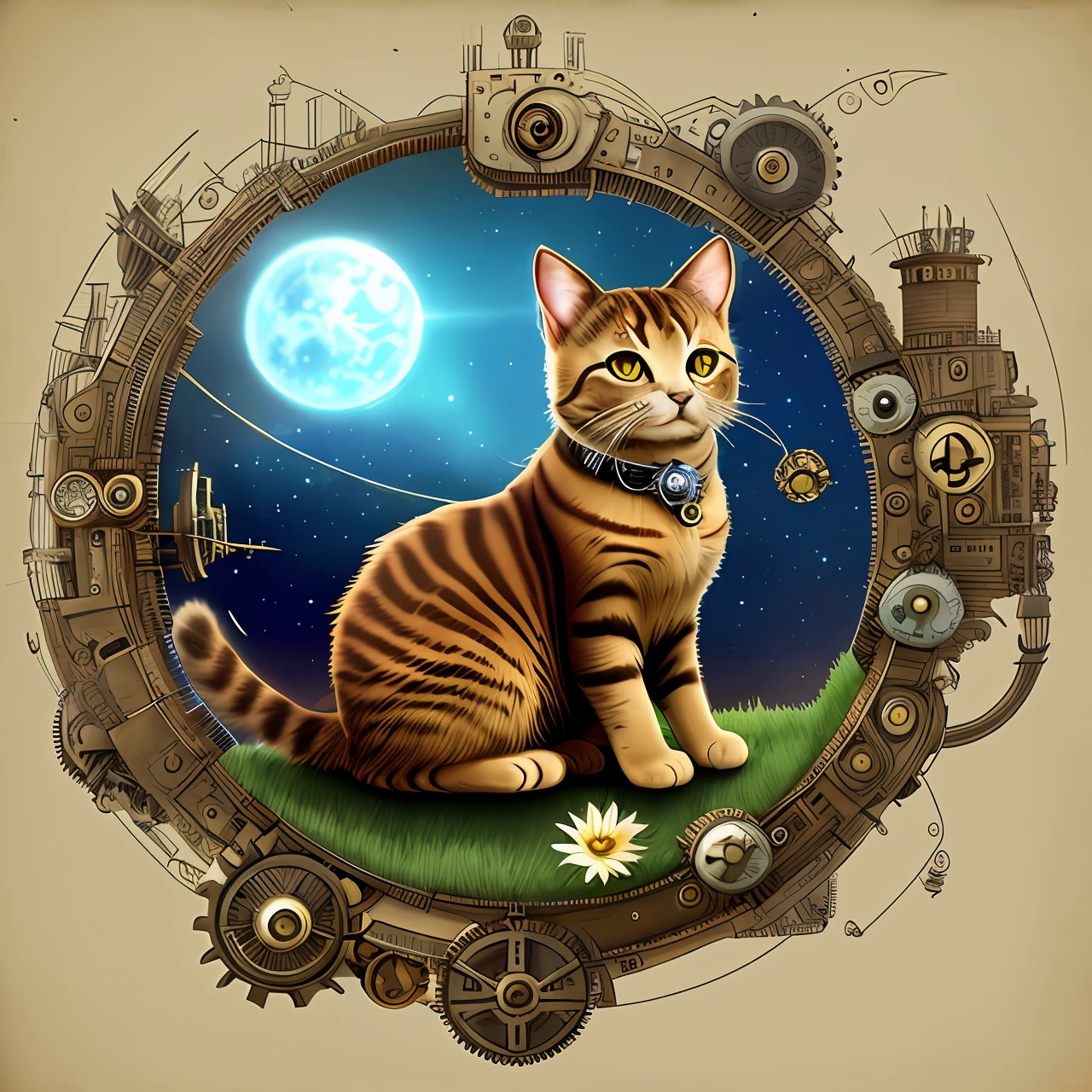 Cat Future Steampunk Sky Flower Near Future Hope