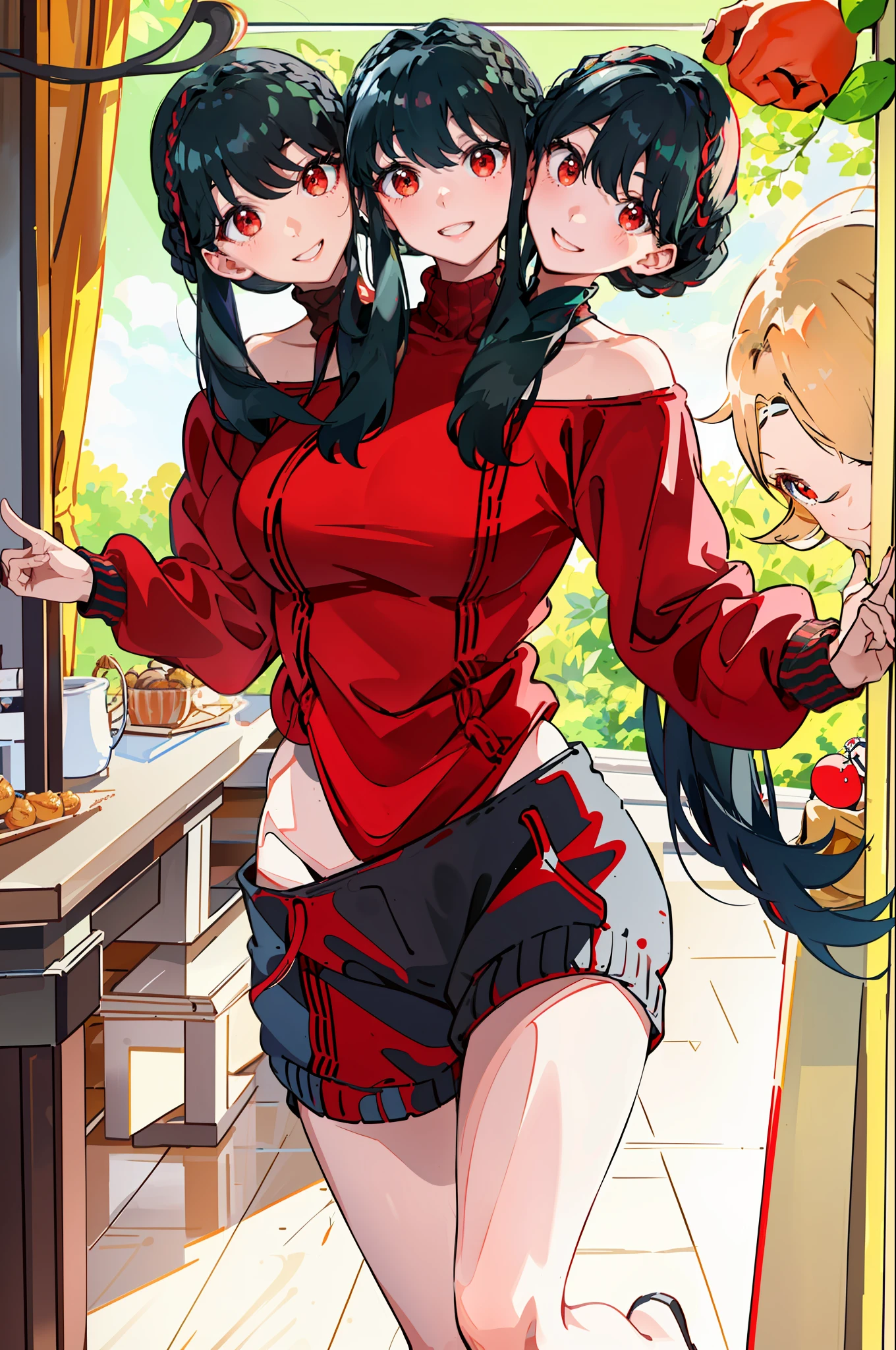 3heads, best quality, masterpiece
3 girls, black hair, identical hair color, red eyes, same eye color, smiling, necks side by side, three necks on shoulders, running, off-shoulder sweater, red sweater, sweatpants, outdoors
((three heads, 3head):1.5)