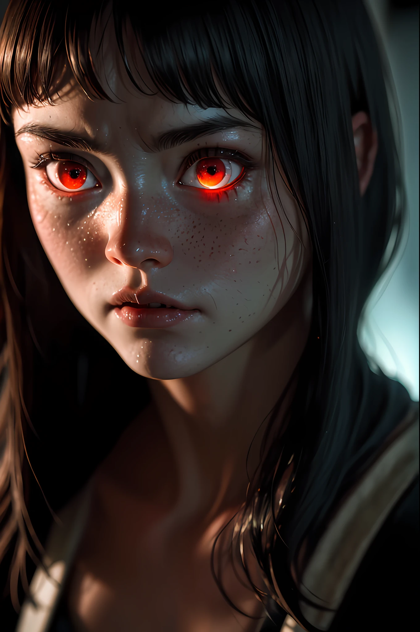 Movie, ((Face close up)), best quality, clear graphics, torch light, (The detail is clear to every hair on the face), 1girl, demonic, evil, nsfw, sexy woman, eye depth, (brother moons), (dead space) ,science fiction, (beautiful glowing red eyes), photo realistic, 20 megapixel, nikon d850, ((vibrant, photo realistic, realistic, dramatic, sharp focus, 8k)), (faded freckles:0.6), subsurface scattering, sharp, retouched, intricate detail, by Greg Rutkowski, by (Jeremy Lipking,:0.8), ((junji ito)), by ralph bakshi,((Silent Hill)), H.R. Giger, Beksinski