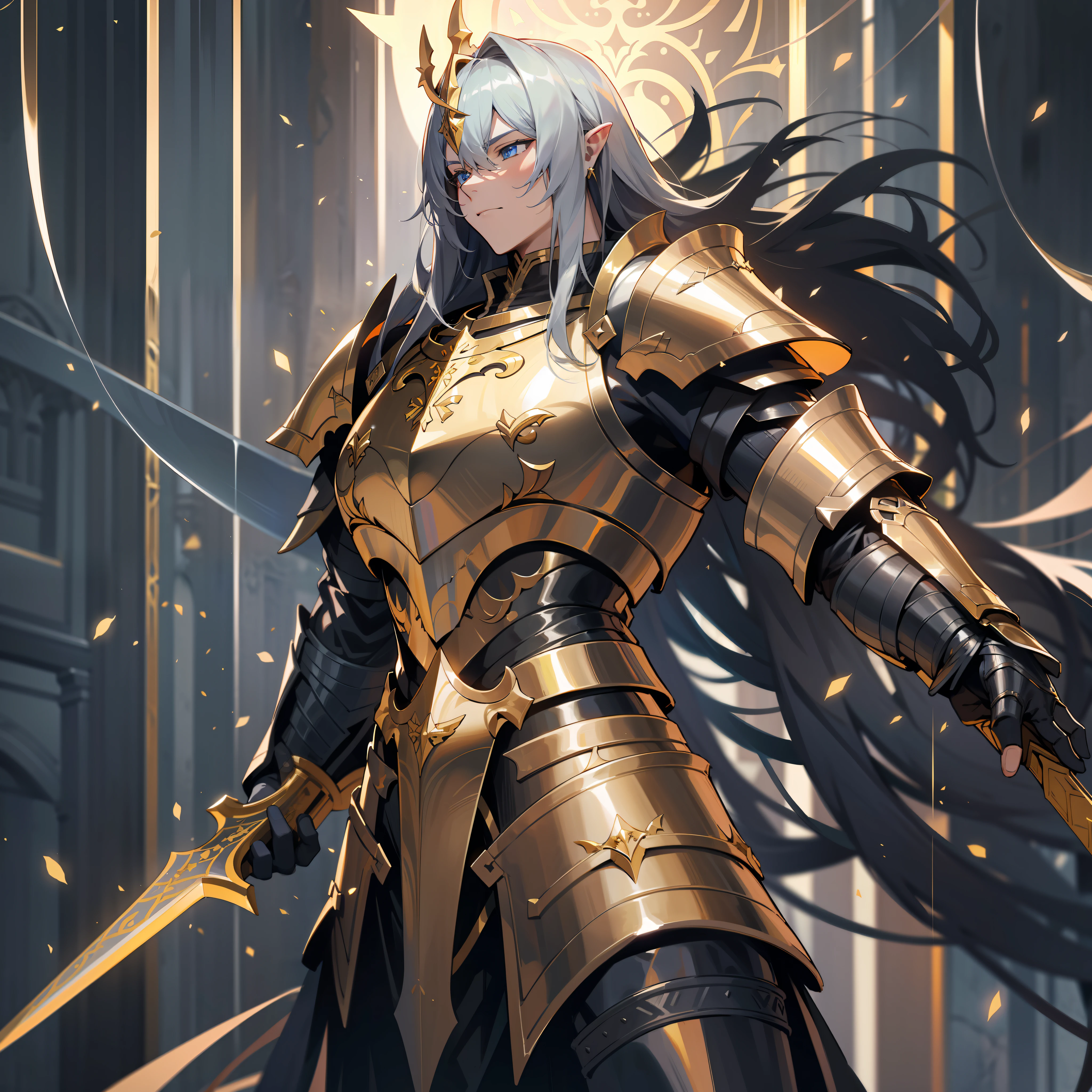 a man, paladin, wildly black long hair, dark fantasy, detailed white armor, detailed golden shield, large sword