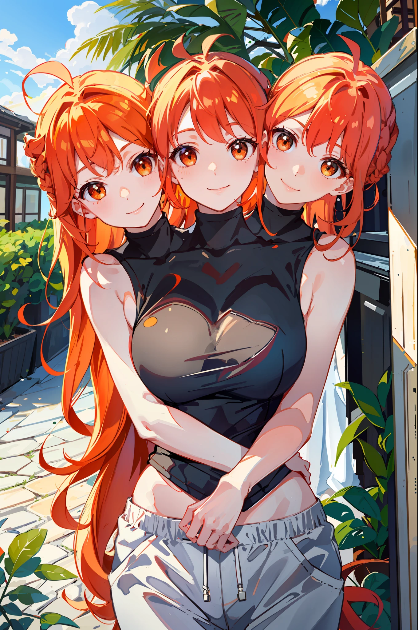 3heads, best quality, masterpiece
3 girls, sonia, orange hair, identical hair color, same eye color, necks side by side, necks evenky spaced on shoulders, smiling, running, gym uniform, sweatpants, outdoors
((three heads, 3head):1.5)