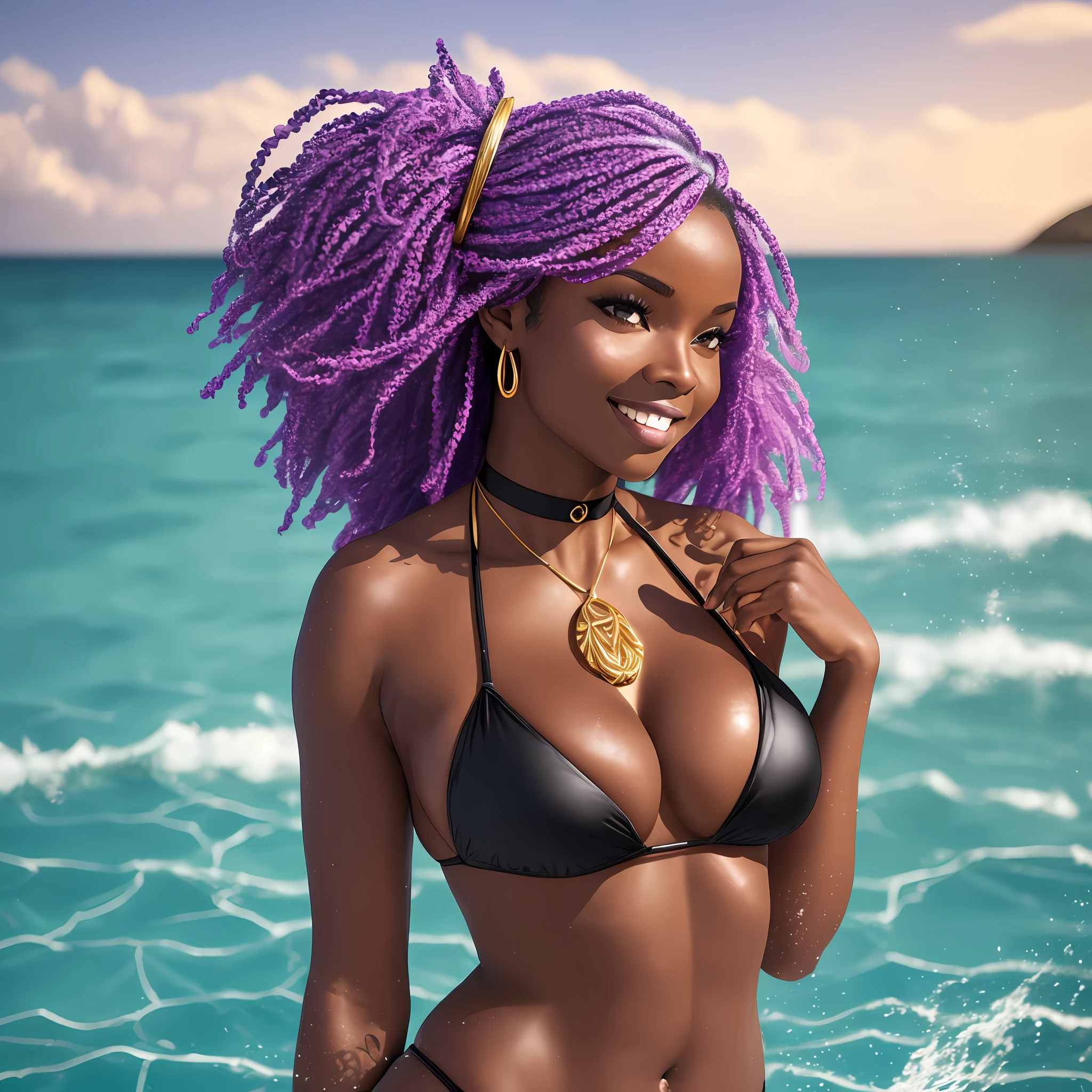 Create a black woman, goddess, beautiful, fine details: black eyes, face 
normal body, normal ass, smiling, excited, extremely detailed, nikon d850 camera, film stock photography 4 kodak portra 400, f1.6 lens, rich colors hyper realistic, realistic texture dramatic lighting unrealengine trend in artstation cinestill 800 tungsten. Beautiful black woman, 27 years old, posing, standing for a photo, in the background has an icy sea, blizzard, (The bikini is a small and quite daring piece. The top is of the band type, with bulge and rim, in a white color that contrasts with the neon lilac straps that tie behind the neck. The white panties are floss-like, with thin side straps that add an extra touch of sensuality. The look is finished with gold metal details, which bring glamour to the set. This bikini is ideal for women who like to dare and be the center of attention on the beach or in the pool, beautiful black woman:1.25). --auto --s2