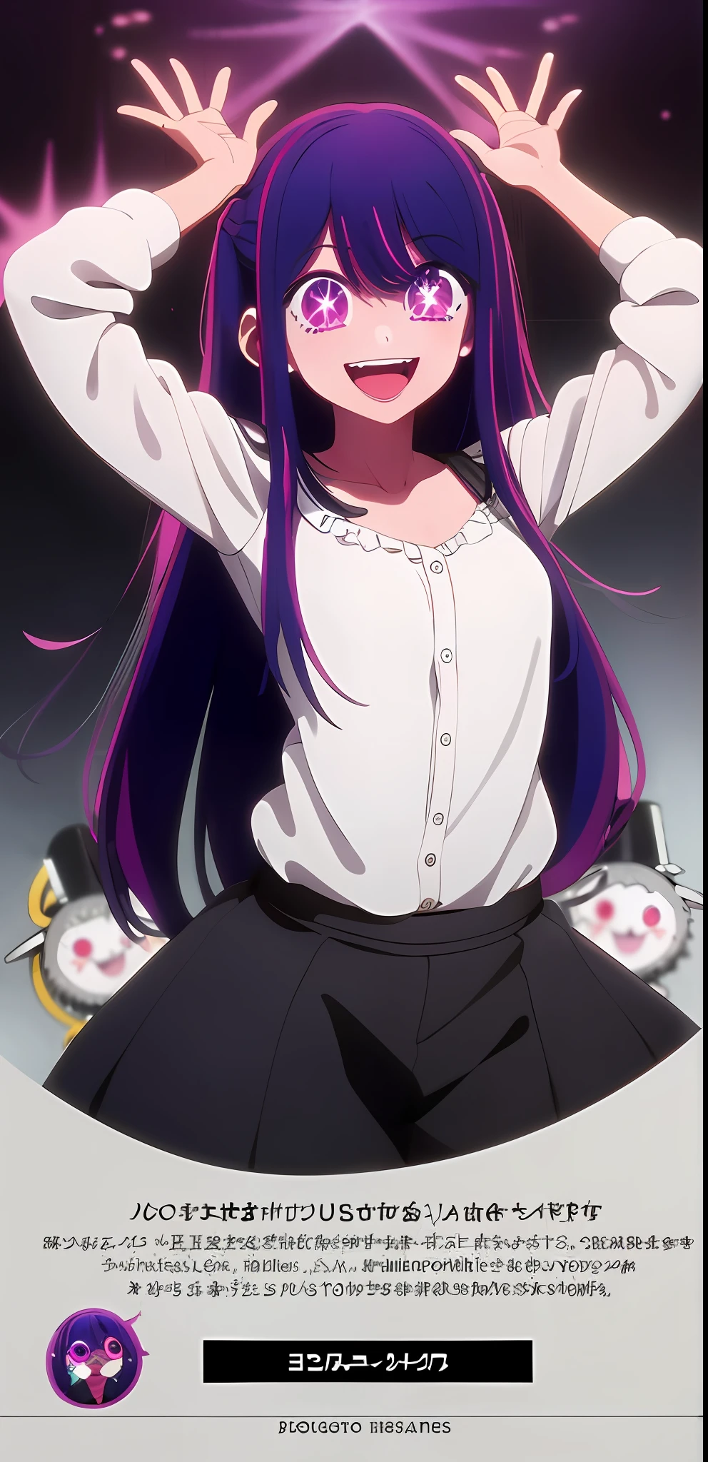 Original character , 1girl, (crazy smile:1.2) , long purple hair , bangs , (crazy eyes:1.3) , hands on face , blood splatter on face , purple and black color scheme, open mouth, (wide-eyed:1.2), glowing eyes , yandere, star shaped eyes, star shaped pupils