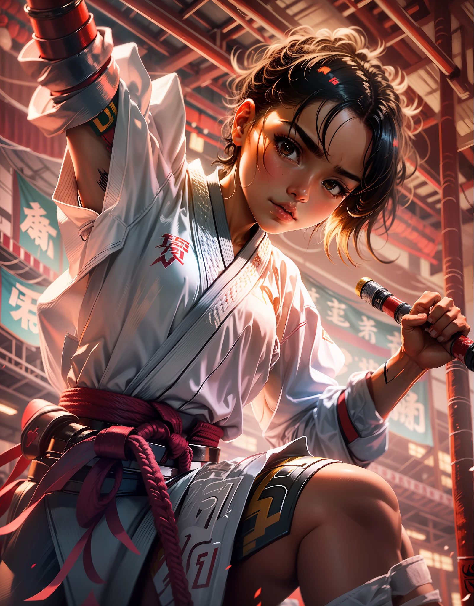 Brazilian karate girl in a karate karate tournament in Japanese gym, Karategi, traditional Japanese tatami karate training uniform, frantic cheerleading, carateca girl short hair and female lips