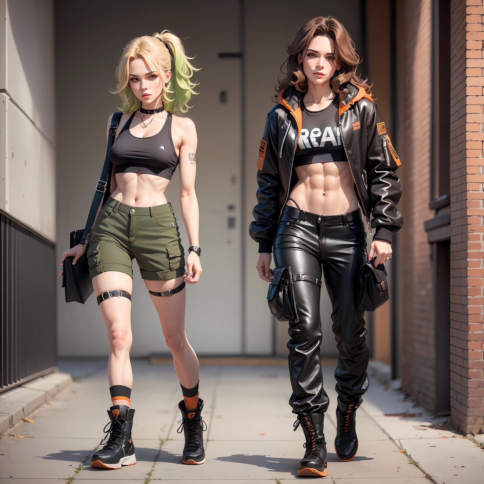 adult femboy (male-to-female transgender), no boobs, hazel-green eyes, wavy brown hair. wearing black crop top with orange bomber. high-waisted cargo pants. brown combat boots. feminine and provocative. walking with confidence. --auto --s2