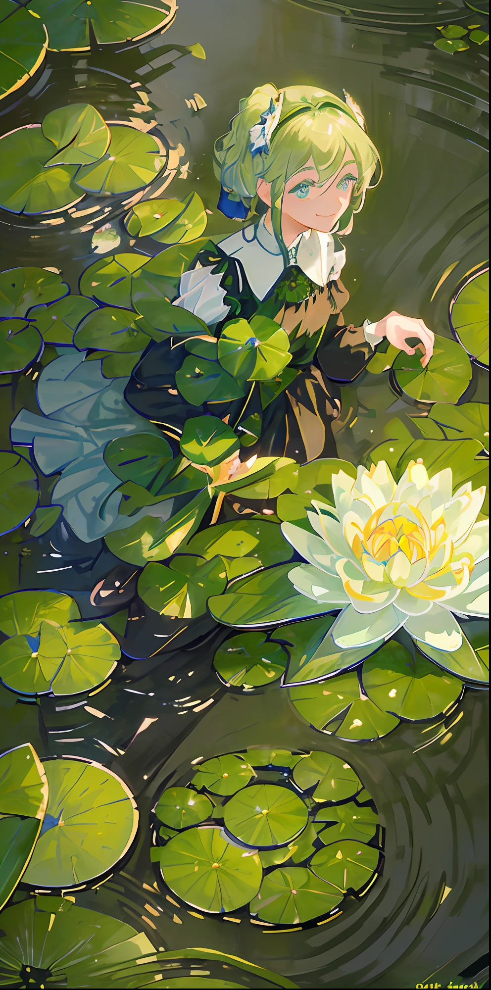 delicate and beautiful CG artwork),(best quality, ultra-detailed, high resolution),(dynamic angle, dynamic lighting),(1 character),(short black and green hair), blue eyes, beautiful face), frog, 1 girl, (long sideburns, plants, smile, black and green clothes, 3 d, frog girl, water lilies, lily pads, lake, pond, two space buns,