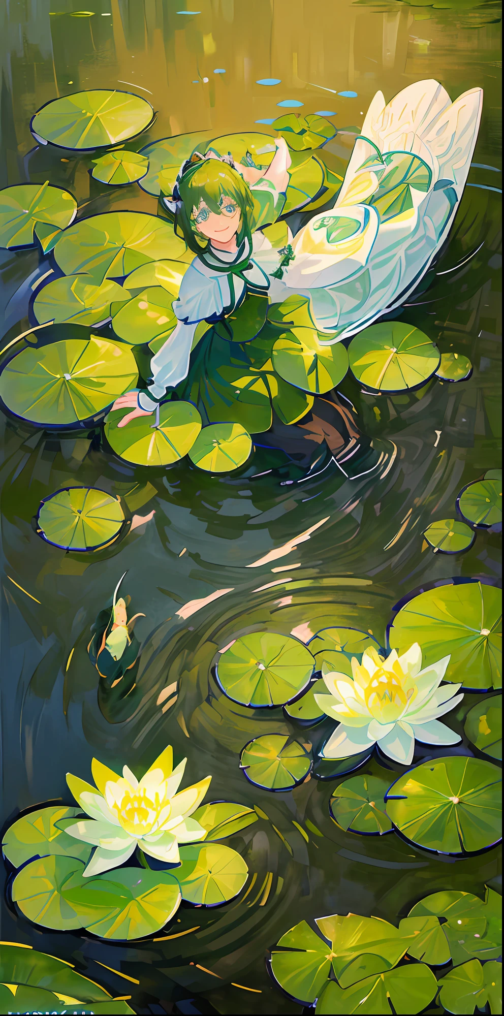 delicate and beautiful CG artwork),(best quality, ultra-detailed, high resolution),(dynamic angle, dynamic lighting),(1 character),(short black and green hair), blue eyes, beautiful face), frog, 1 girl, (long sideburns, plants, smile, black and green clothes, 3 d, frog girl, water lilies, lily pads, lake, pond, two space buns,