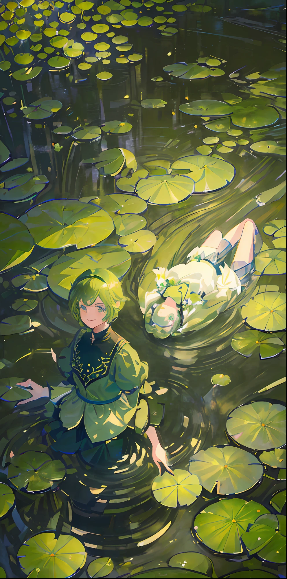 delicate and beautiful CG artwork),(best quality, ultra-detailed, high resolution),(dynamic angle, dynamic lighting),(1 character),(short black and green hair), blue eyes, beautiful face), frog, 1 girl, (long sideburns, plants, smile, black and green clothes, 3 d, frog girl, water lilies, lily pads, lake, pond, two space buns,
