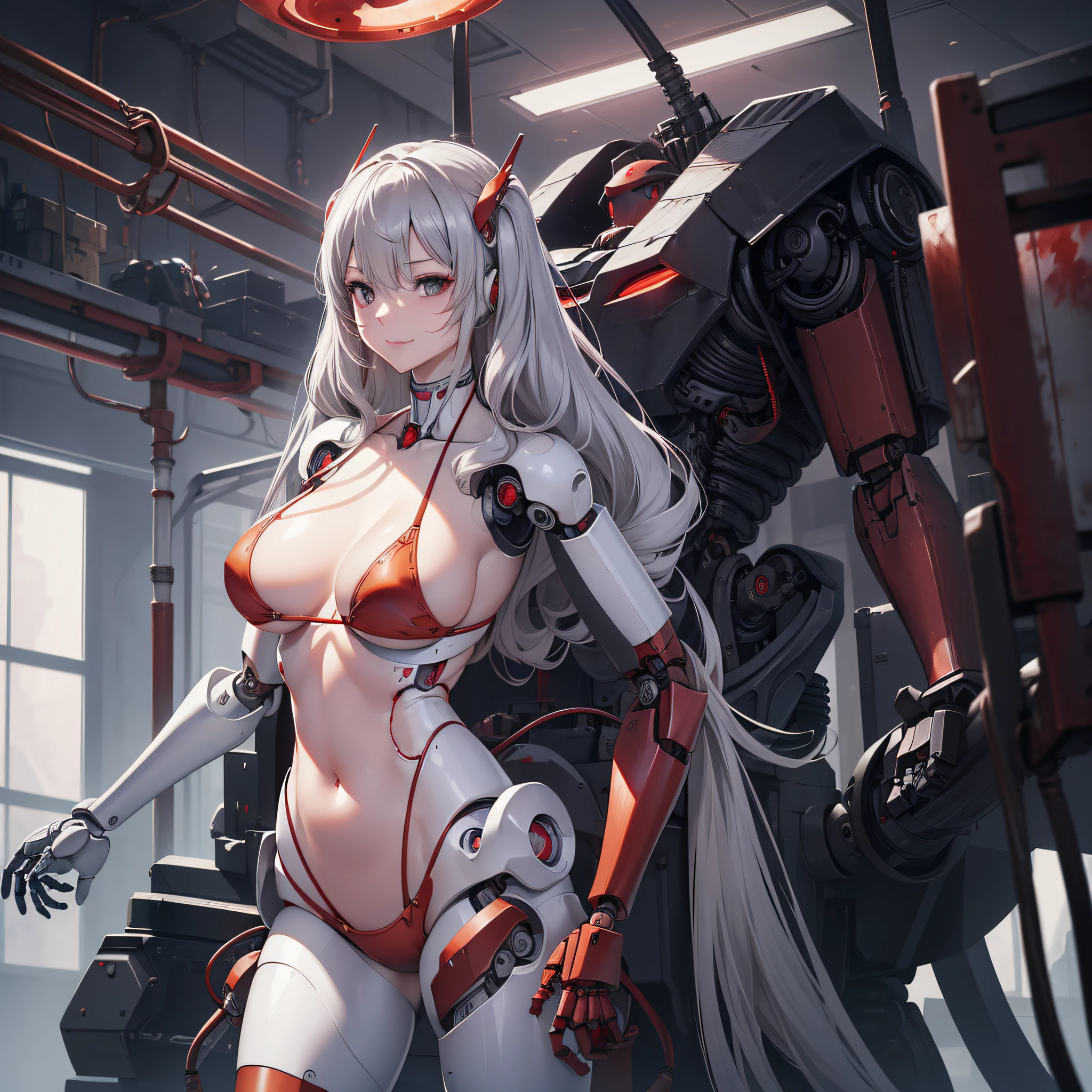 Beautiful Face,face is Japan, 1 Woman, Big, Curvaceous, (16k, RAW photo, top quality, masterpiece: 1.2), (Realistic, Photorealistic: 1.37) (Blood vessel attached to tube), ((((Bikini Cyborg robot parts)))), (Light gray hair), Long hair, Wavy hair, Twin tails, Medium shot, (Seductive smile )), (black eyes), princess cut,from below,(whole body),posing,,in the lab,( blood vessel connected to a tube),((mechanical vertebrae attached to the back)),((mechanical neck attached to the neck)),(wire cable attached to the head and body),(character focus),science fiction,