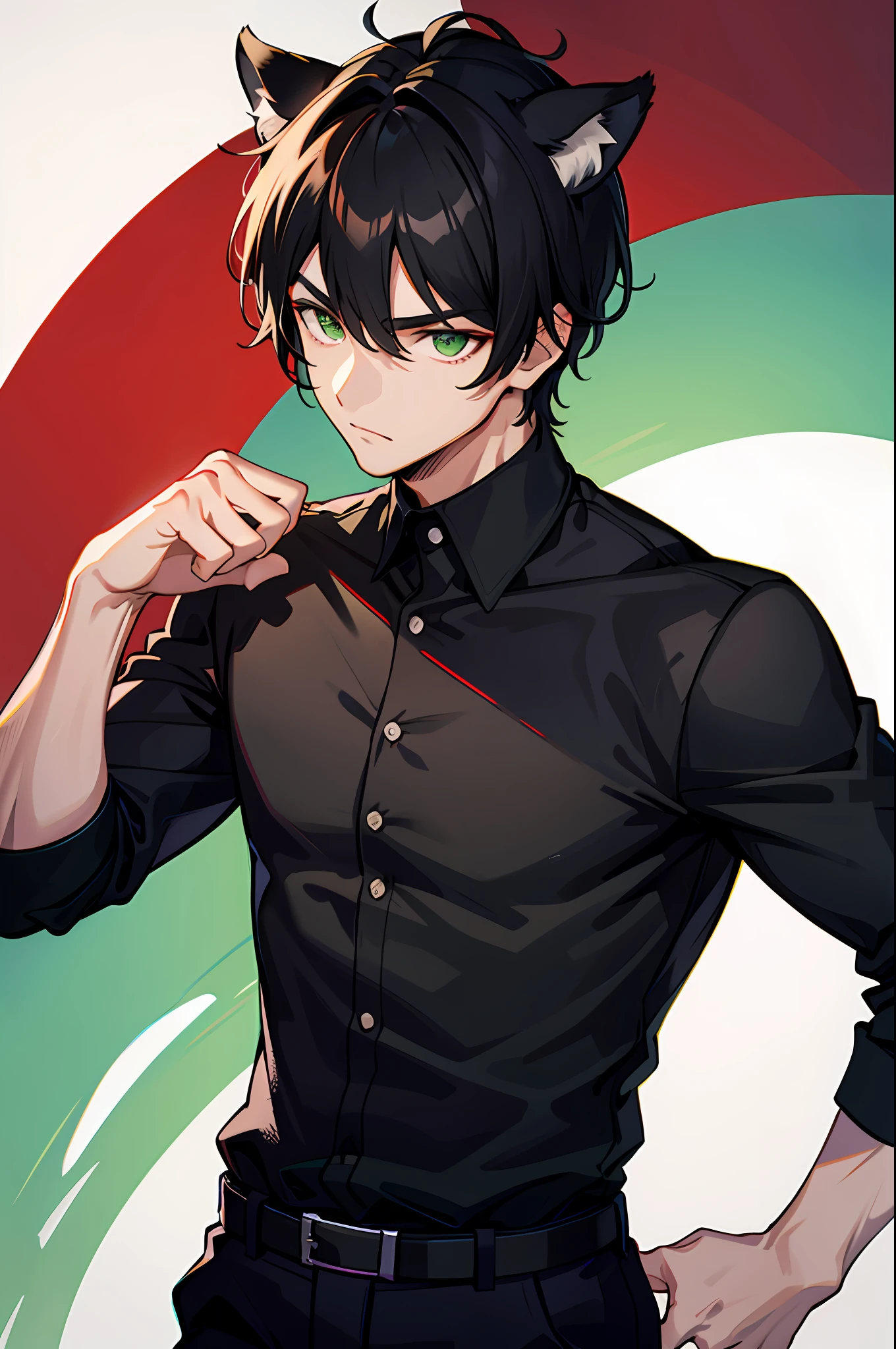 A man, male cougar hybrid, cougar ears, cougar tail, black hair, green eyes, black shirt, intimidating