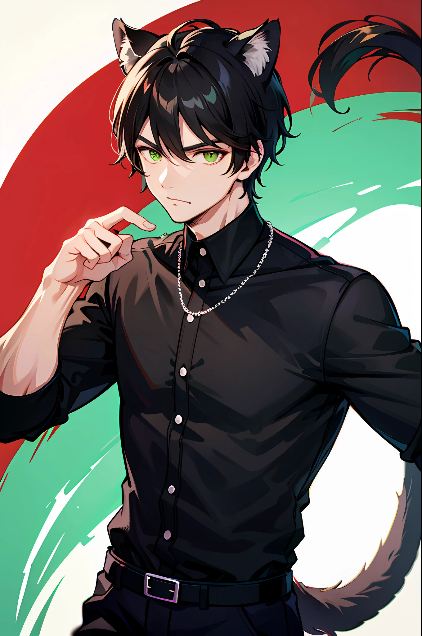 A man, male cougar hybrid, cougar ears, cougar tail, black hair, green eyes, black shirt, intimidating