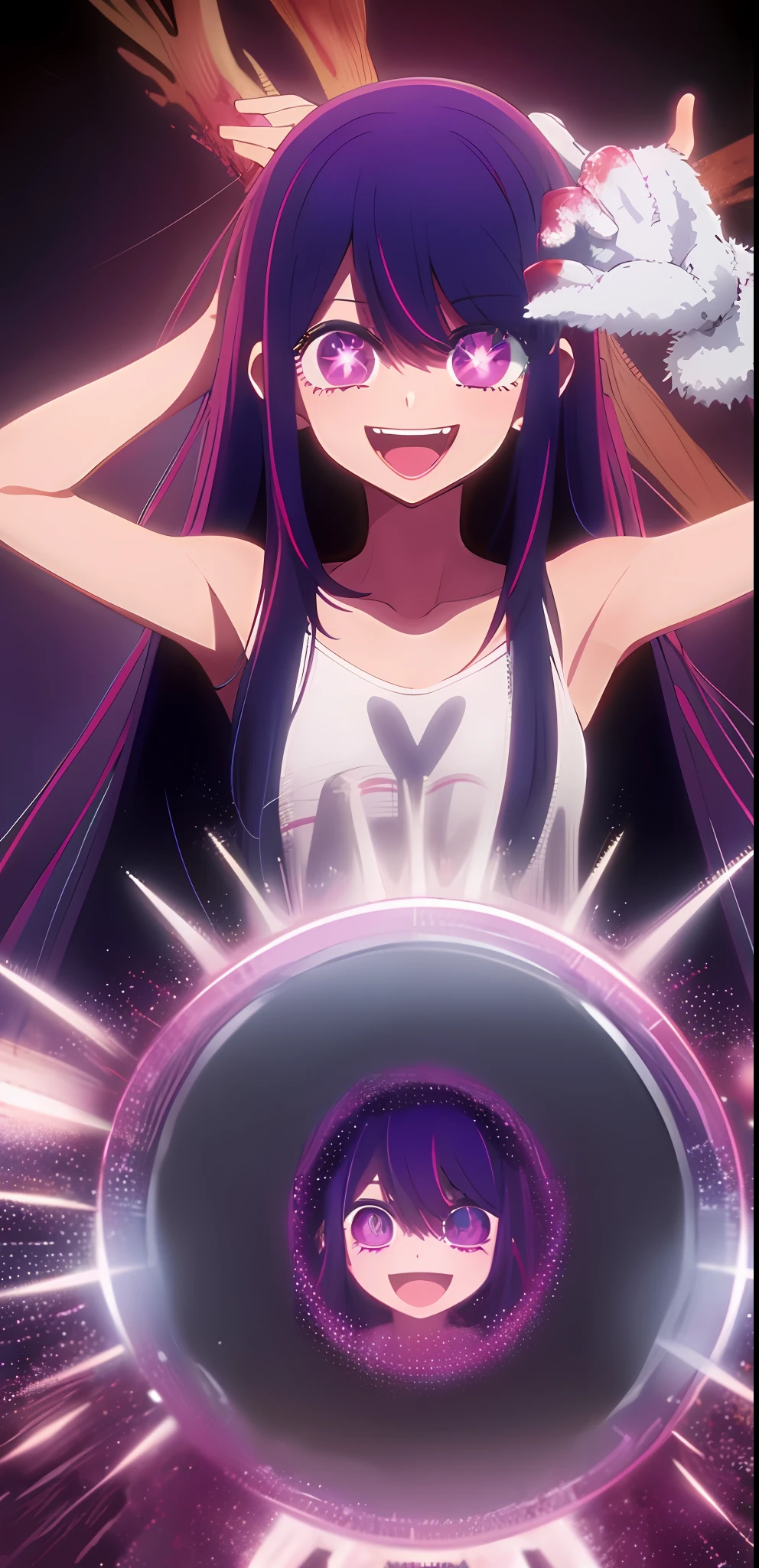 Original character , 1girl, (crazy smile:1.2) , long purple hair , bangs , hands on face , blood splatter on face , purple and black color scheme, open mouth, (wide-eyed:1.2), glowing eyes , yandere, star shaped eyes, star shaped pupils