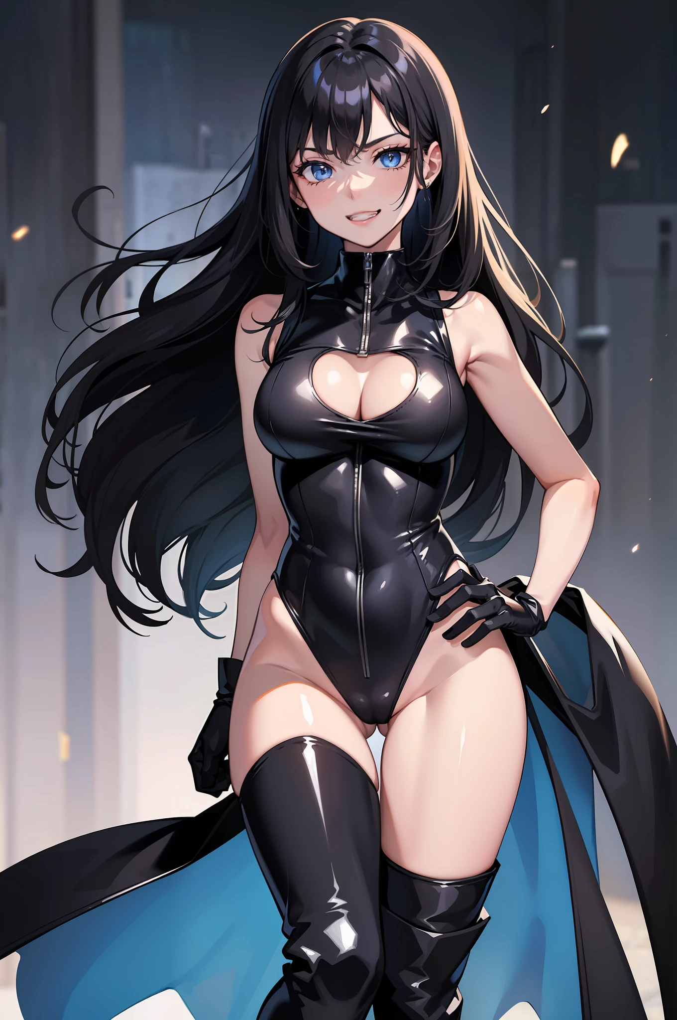 ((masterpiece)), ((best quality)), ((highres)), 1girl, solo, supervillain, leotard, bare legs, matching boots, aura, blue aura, sleeveless, looking at viewer, light particles, city backdrop, perfect hands, perfect eyes, powering up, perfect leotard, perfect legs, perfect arms, perfect fingers, medium breasts, black leotard, standing, black hair, long hair, knee boots, blue eyes, heart cutout, cute face, sleeveless, black gloves, black footwear, cleavage cutout, hands on hip, evil grin,