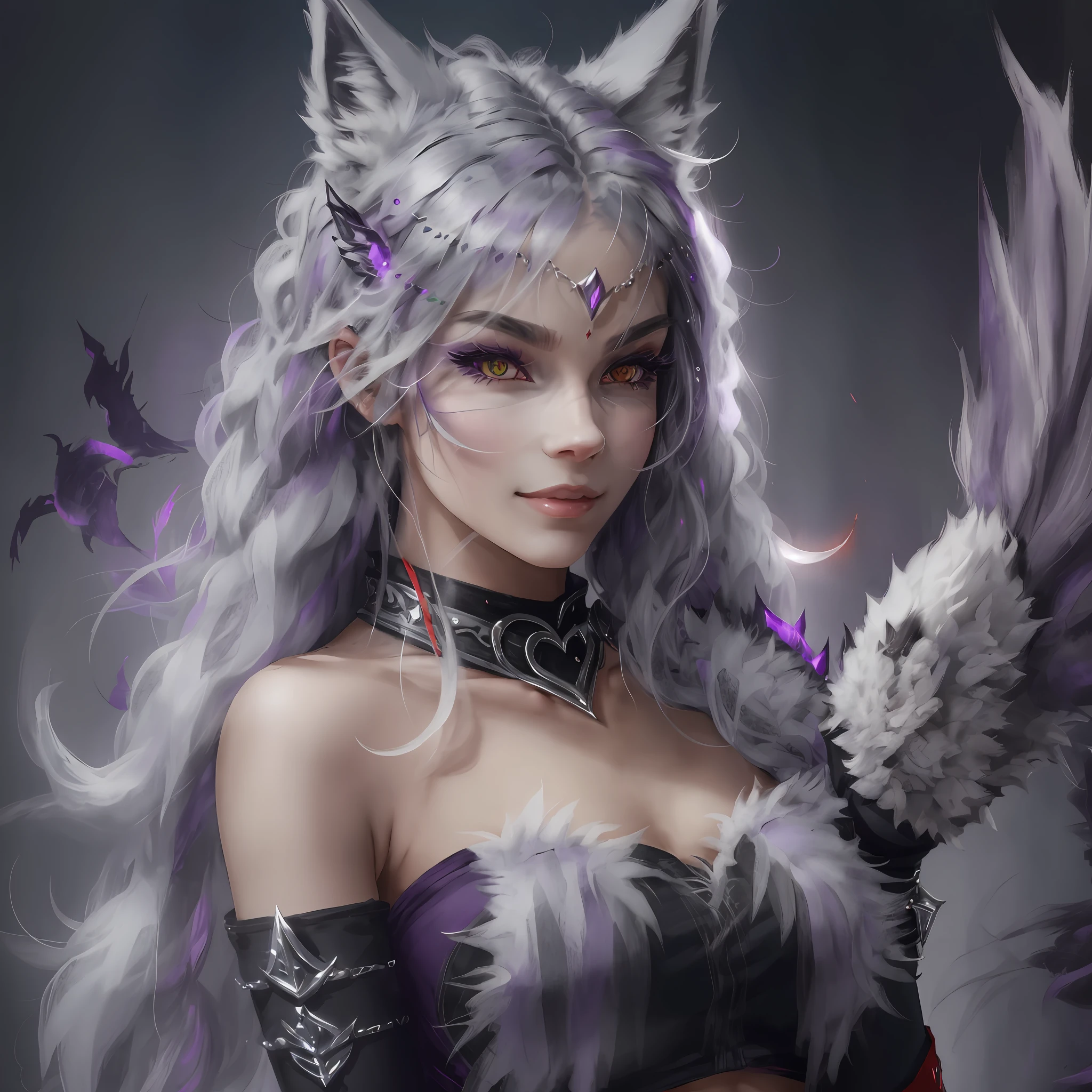 woman, solo focus, medium breasts, half drag, red eyes, purple eyeshadow, light gray long hair with green locks, choker, eyelashes, detailed hands, detailed anatomy of the hands, (red short top), (purple and black leggings), bare stomach, (red shorts), detailed eyes, expressive eyes, smiling, solo, full body, (red boots), fingerless gloves, (black and purple arm warmers),  wolf ears, white hairy neck, gray hairy body, gray hairy legs, gray hairy arms, white hairy face, anthropomorphic wolf, 1 girls, antrum, female, hairy, hairy, hairy hair, infernal dog, looking at the viewer, diaphragm, smiling, solo, wide hips, wolf, wolf ears, wolf girl, wolf tail, ((wolf)), antrum, bipedal, black shadow, medium breasts,  shadow, female, skin, makeup, mammal, black nose, smile, (((soil))), humanoid, animal ears, hairy, medium breasts, masterpiece, HD, best quality, white hair, hair all over the body, smooth hair, humanoid wolf, humanoid hell dog. --auto --s2