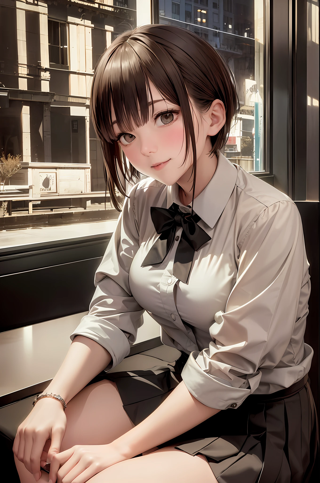 (8k, RAW photo, Best quality, Masterpiece: 1.2), (Realistic, Photorealistic: 1.37), Super detailed, 1 girl, Cute, Alone, Beautifully detailed sky, Detailed cafe, Night, Sitting , date, (nose blush), (smile: 1.1), (closed mouth) medium chest, beautiful detailed eyes, (collared shirt: 1.1), bowtie, pleated skirt, (short hair: 1.2), floating hair --auto --s2