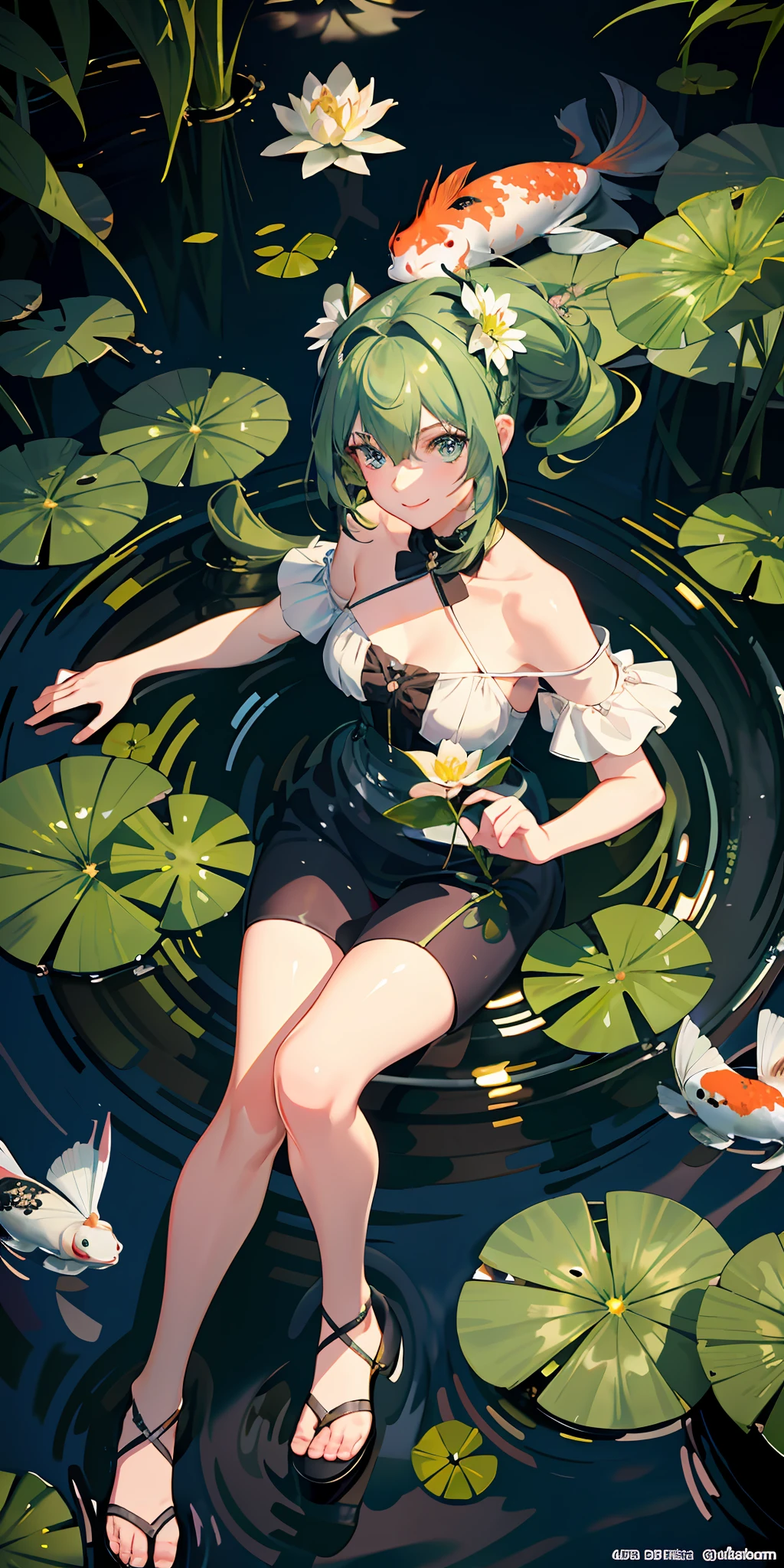 delicate and beautiful CG artwork),(best quality, ultra-detailed, high resolution),(dynamic angle, dynamic lighting),(1 character),(short black and green hair), blue eyes, beautiful face), frog, 1 girl, (long sideburns, plants, smile, black and green clothes, 3 d, frog girl, water lilies, lily pads, lake, pond, two space buns, koi fish