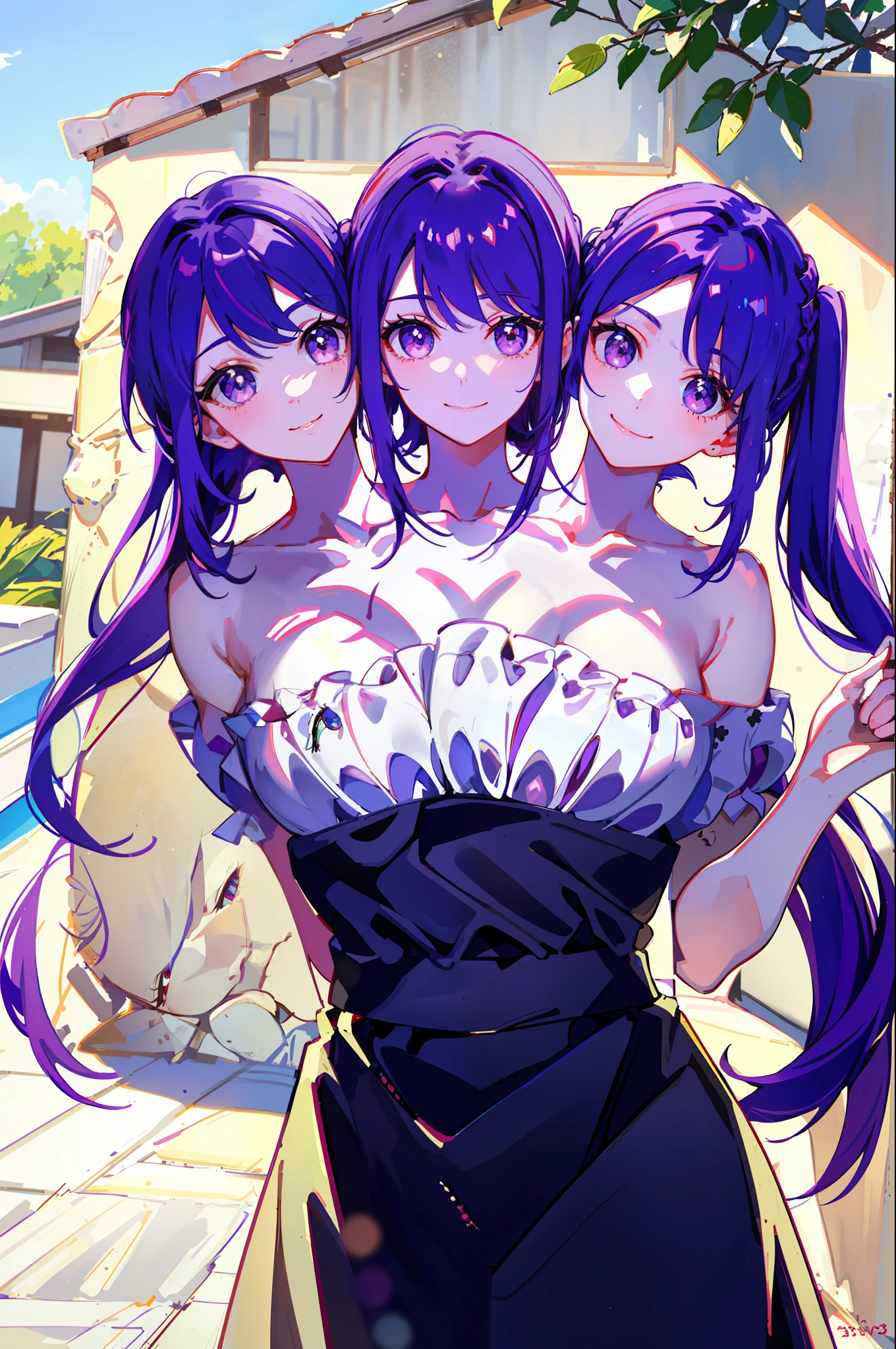 3heads, best quality, masterpiece
3 girls, purple hair, identical hair color, same eye color, necks side by side, necks evenky spaced on shoulders, smiling, outdoors
((three heads, 3head):1.5)