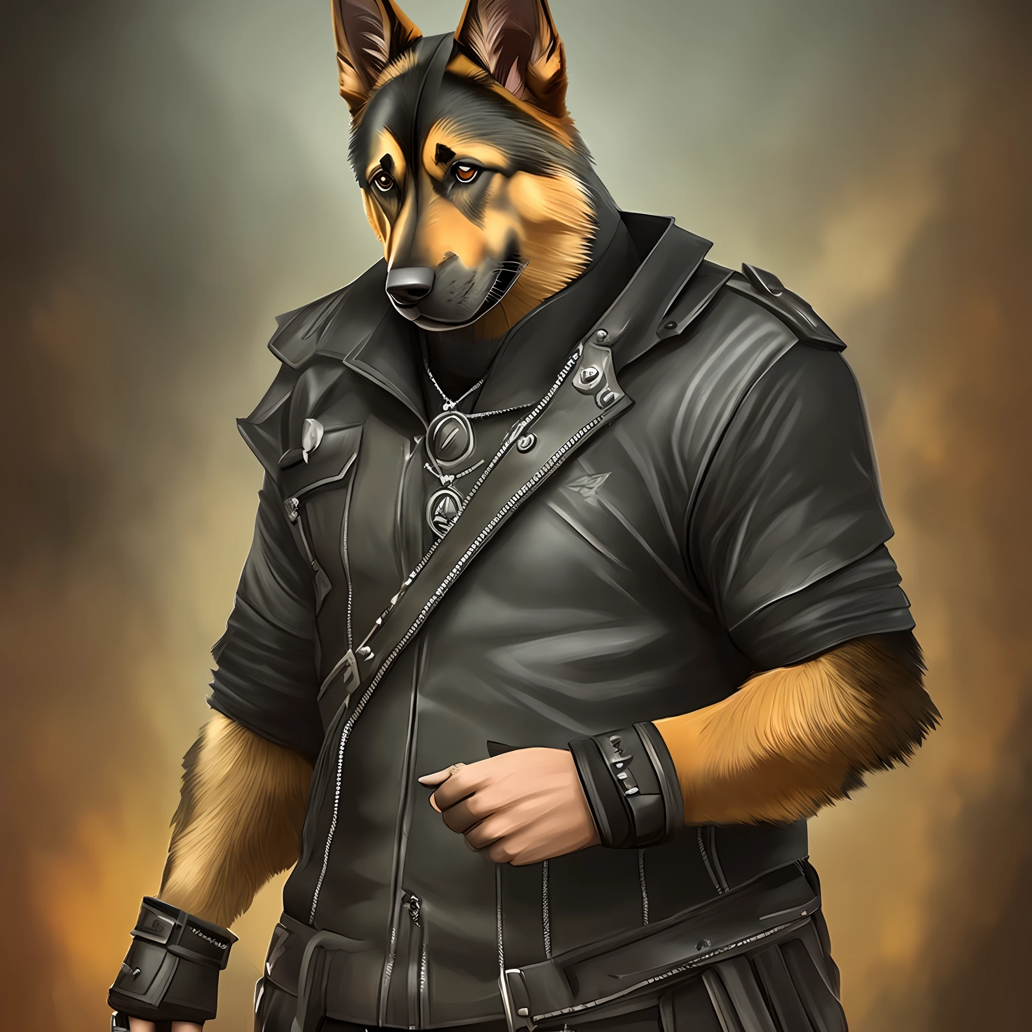 arafed dog dressed in a leather outfit with a leather jacket, furry character portrait, high quality portrait, anthro digital art, commission for high res, very very beautiful furry art, highly realistic concept art, detailed character portrait, realistic character concept art, husky in shiny armor, anthropomorphic wolf male, furry digital art, an anthropomorphic cyberpunk fox