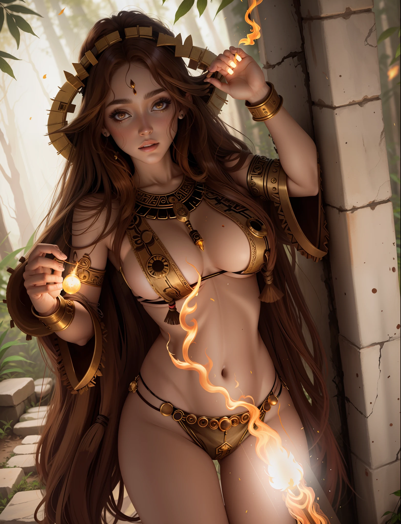 mayan priestess, honey eyes, caramel hair, torch lights, forest night