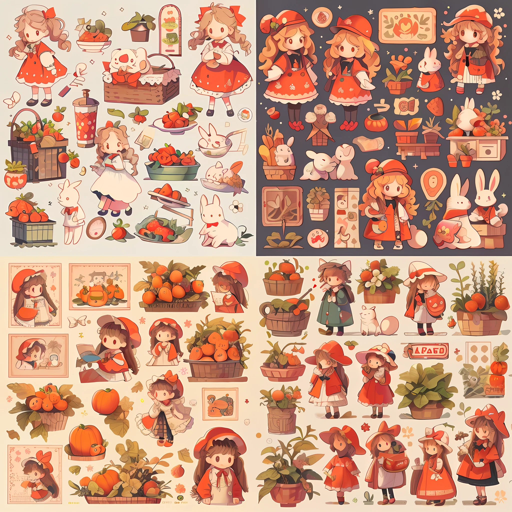 lolipop, strawberry, Alice in Wonderland,
playing cards, water bottle, pumpkin pants,  girl, cute face, freckles, flat illustration, Peter Rabbit style, goo card stickers, handbook, Japanese stickers, flat illustration, clean background, sticker outline , line draft, multiple accessories, animation style, full body, acgc, fine brushwork, disassembly drawing, disassembly design, details, 8k hd, industrial design, white background , white ambient light, studio lighting