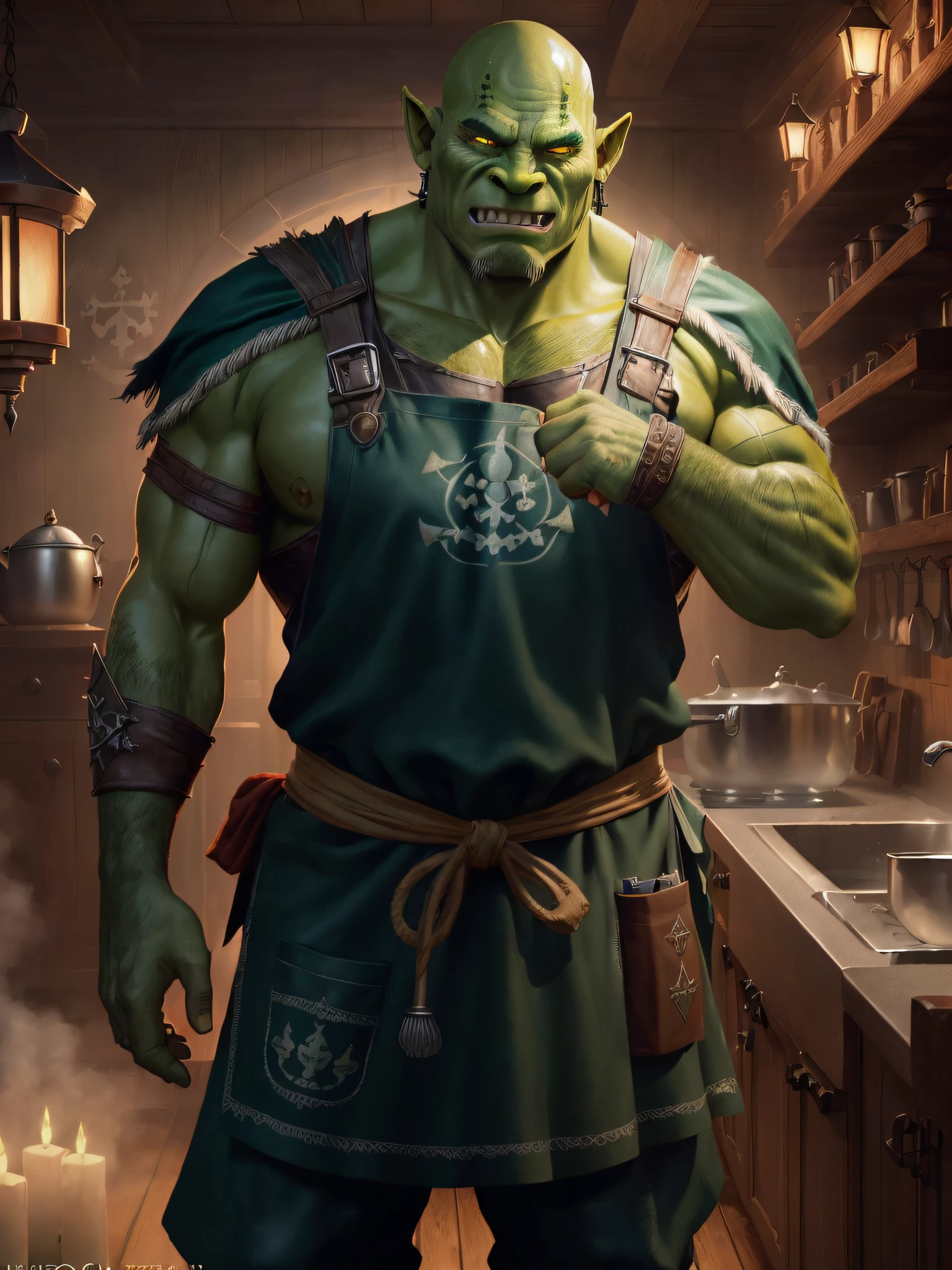 ((Green Pele:1.3)) ((orc:1.1)) (((small fangs))) (highly detailed RAW color photo, masterpiece, ultra detailed), (medieval pirate theme:1.3), (full body:0.6), solo, 1orc male, fat, stout, bald, gray-bearded yellow eyes, (detailed eyes and detailed face), looking at the viewer, wearing a navy blue pirate uniform with a white cook's apron on top (((apron:1.2)))), winter night in the background, standing (aboard the ship:1.1), leather and cold winter skin, beautiful night of overcast sky (fog: 1.2) (rain: 1.1) (winter: 1.1) (masterpiece: 1.2) (illustration: 1.1) (best quality: 1.2) (detailed) (intricate) (8k) (HDR) (wallpaper) (cinematic lighting) (sharp focus) (photography, soft lighting of the dark sky, soft details, octane, artstation trend, ultra high detail, ultra realistic, cinematic, 16k, digital art, Dungeon and Dragons-inspired art)