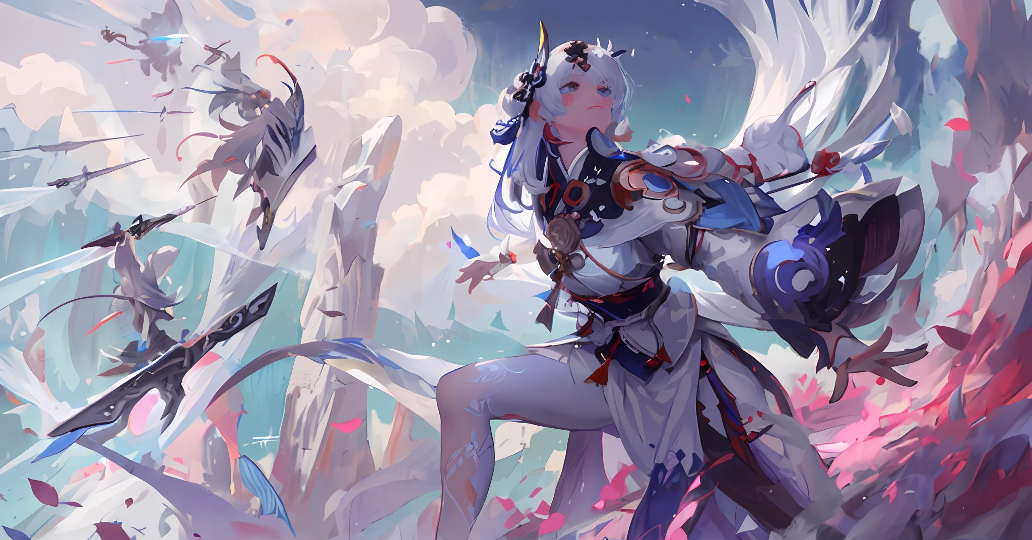 Extremely detailed realistic style, a woman dressed in white and holding a sword, with 6 swords behind her back, standing in front of the sky, showing a picture with strong emotions, focusing on the detailed art of Onmyoji, and the complex lens effects in Rossdraws 2.5. --auto --s2