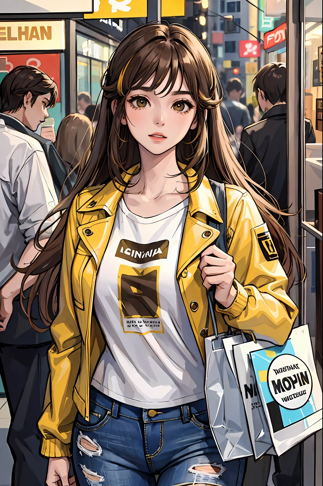 A gorgeous girl, with intricate brown hair highlighted in yellow streaks, is busy shopping in Shibuya, donning trendy clothes, bright yellow top, jean jacket, and carrying multiple shopping bags. a lot of clothing stores in the background a shopping street with mannequins and displayed outfits and other products