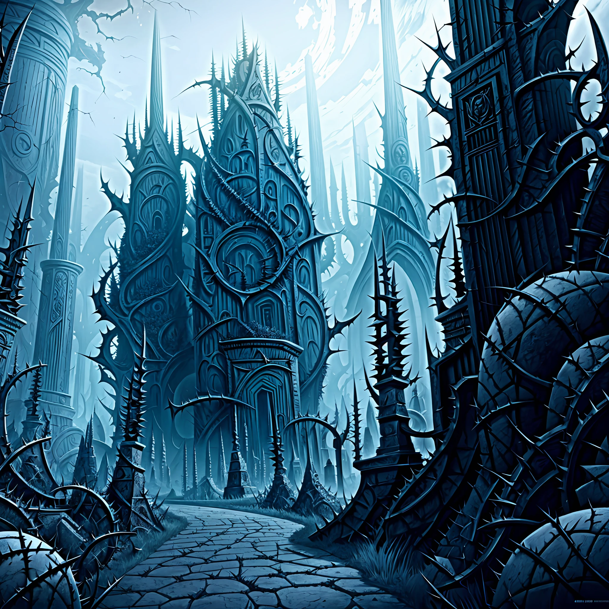 horror art landscape, complex biomechanicals monuments, biomorphic beings from the 4th dimension, spiked walls, madness, thorns, artstation, UHD, unreal engine, line art drawing style.
