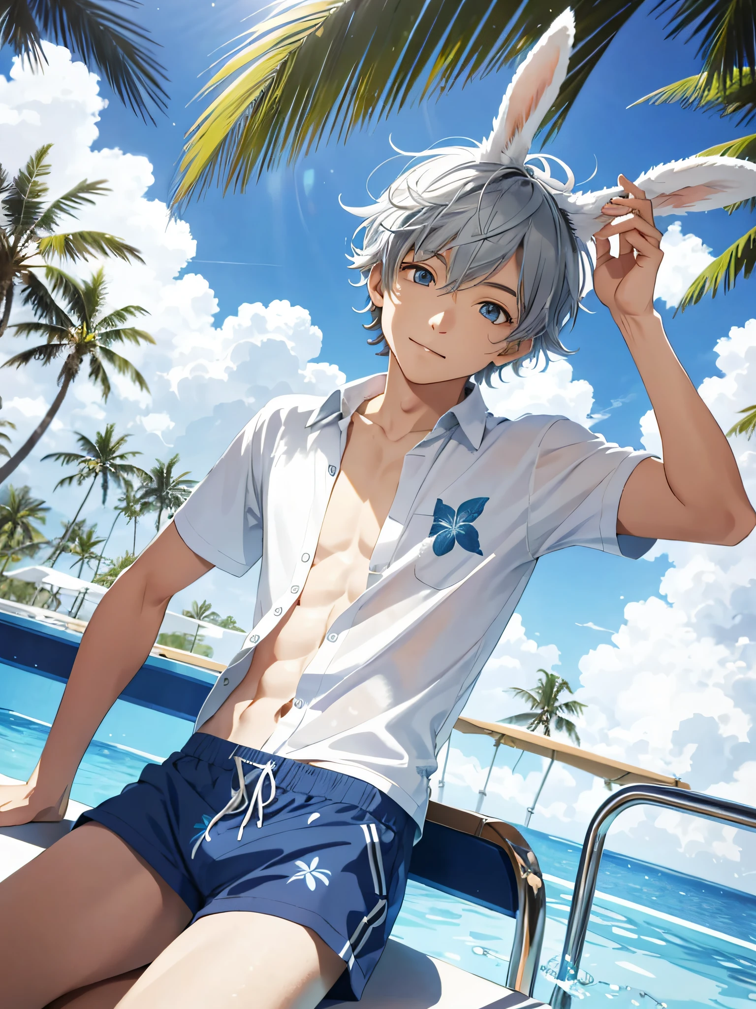 illustration style, cute boy, silver-haired blue-eyed rabbit ears, solo, rabbit ears, rabbit ears, sunny day, leisurely nap, sunny day, pool relaxation, inflatable float, carefree atmosphere, refreshing water, friendly, half pants, aloha shirt, open shirt, male body, refreshing water, gentle ripples, comfortable relaxation, tropical palm trees, blue sky, lazy afternoon, a quiet oasis,