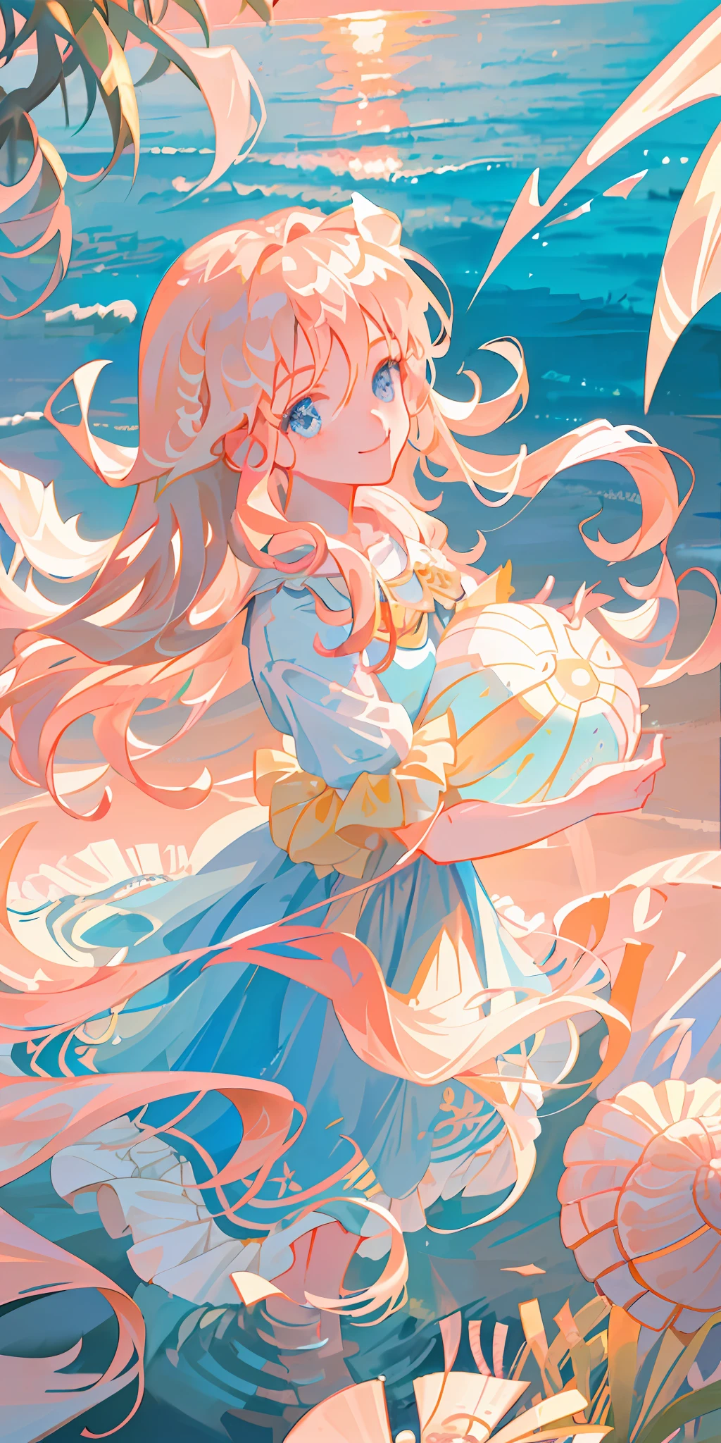 delicate and beautiful CG artwork),(best quality, ultra-detailed, high resolution),(dynamic angle, dynamic lighting),(1 character),(long wavy pink and blonde hair), blue eyes, beautiful face), 1 girl, (long sideburns, plants, smile, long blue dress, 3 d, ocean, water, beach ball, sea shells, sunny, windy, sunset