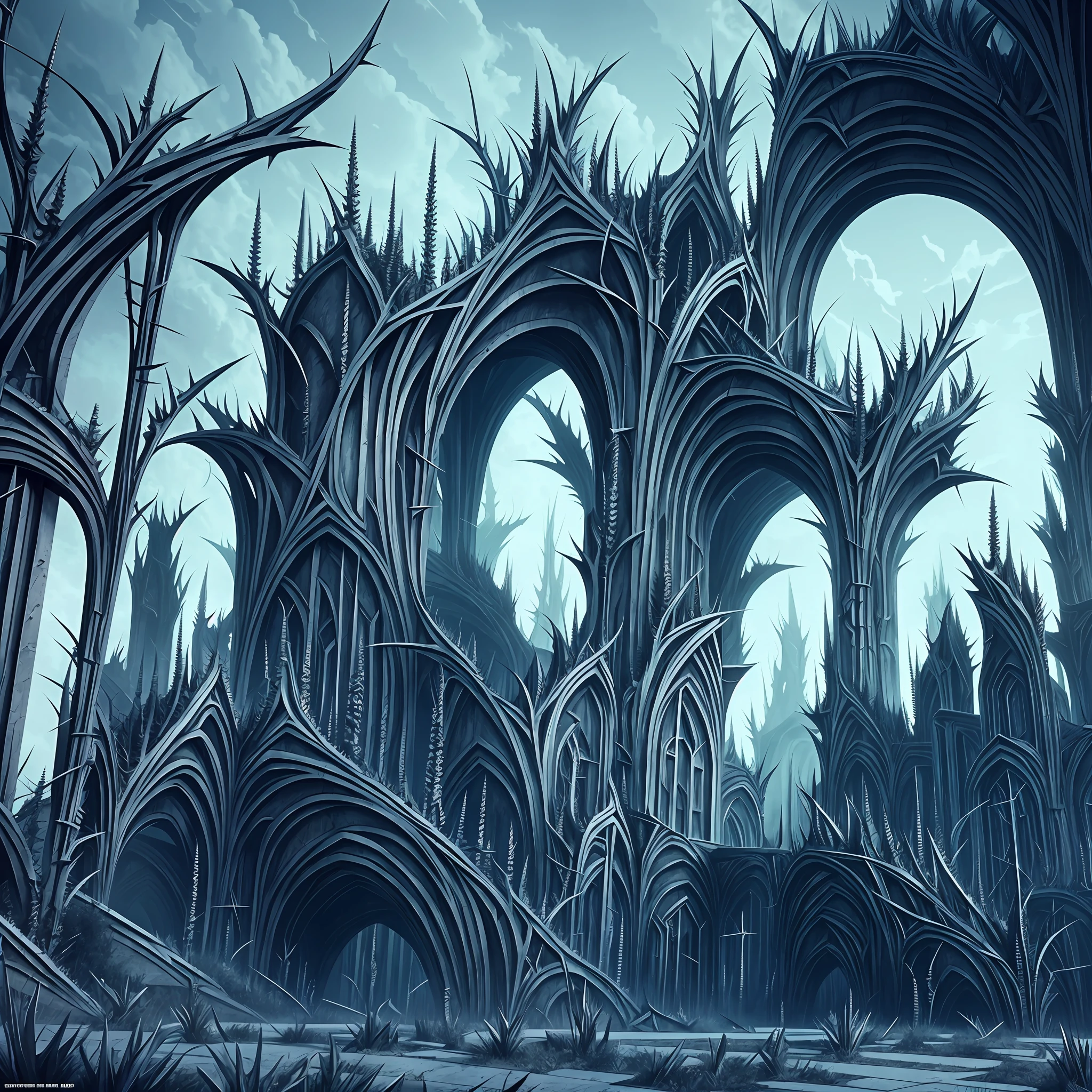 horror art landscape, complex biomechanicals monuments, biomorphic beings from the 4th dimension, spiked walls, madness, thorns, artstation, UHD, unreal engine, line art drawing style. --auto --s2
