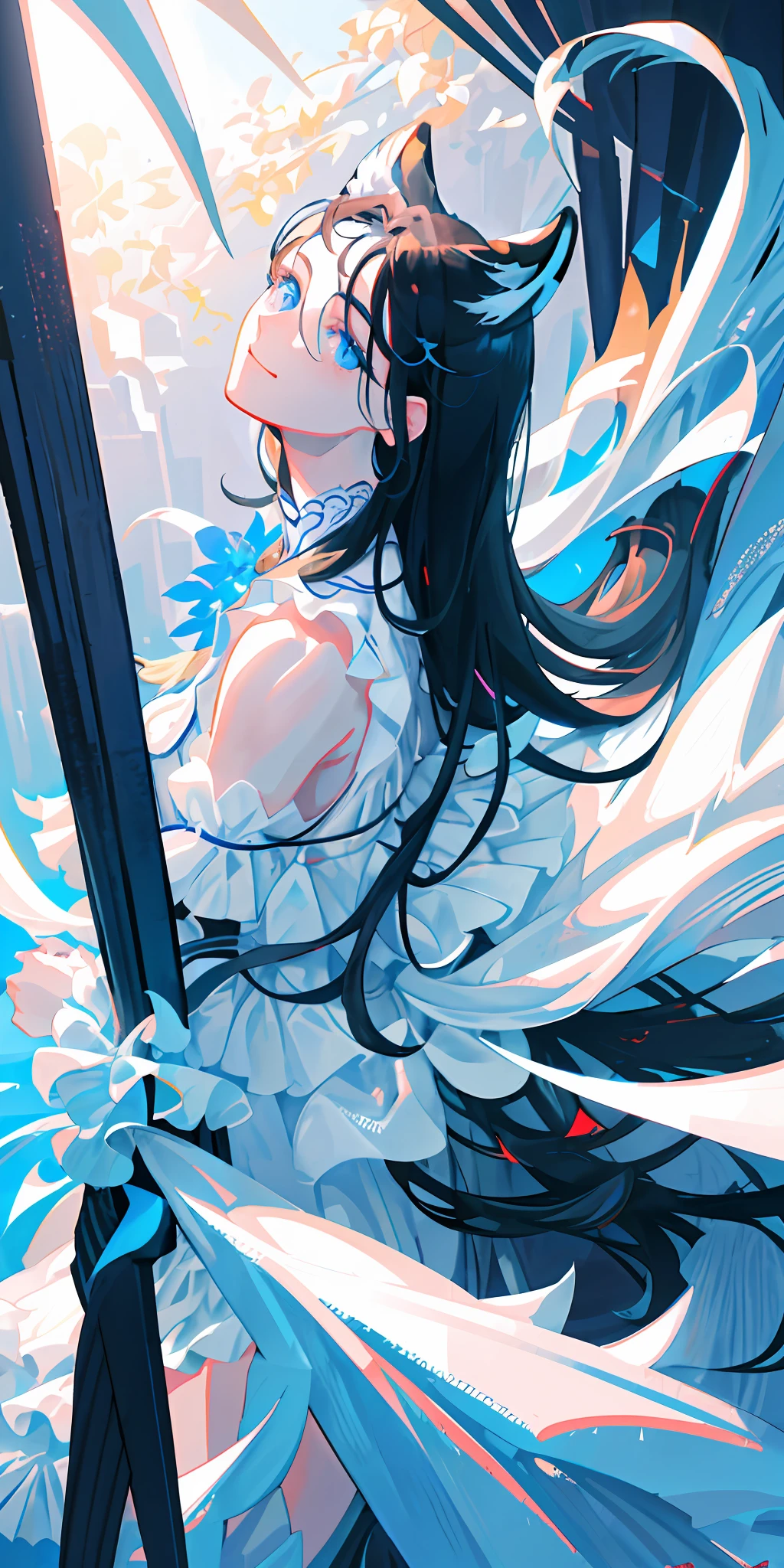 delicate and beautiful CG artwork),(best quality, ultra-detailed, high resolution),(dynamic angle, dynamic lighting),(1 character),(long white and black hair), blue eyes, handsome face), white tiger, big muscles, 1 girl, (long sideburns), white ears with black tips, plants, smile, black clothes