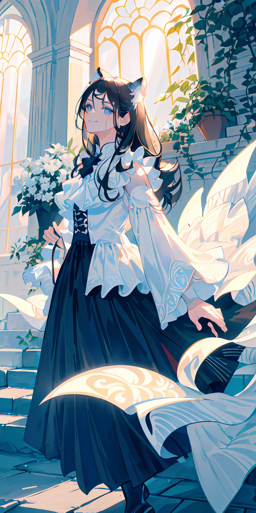 delicate and beautiful CG artwork),(best quality, ultra-detailed, high resolution),(dynamic angle, dynamic lighting),(1 character),(long white and black hair), blue eyes, handsome face), white tiger, big muscles, 1 girl, (long sideburns), white ears with black tips, plants, smile, black clothes