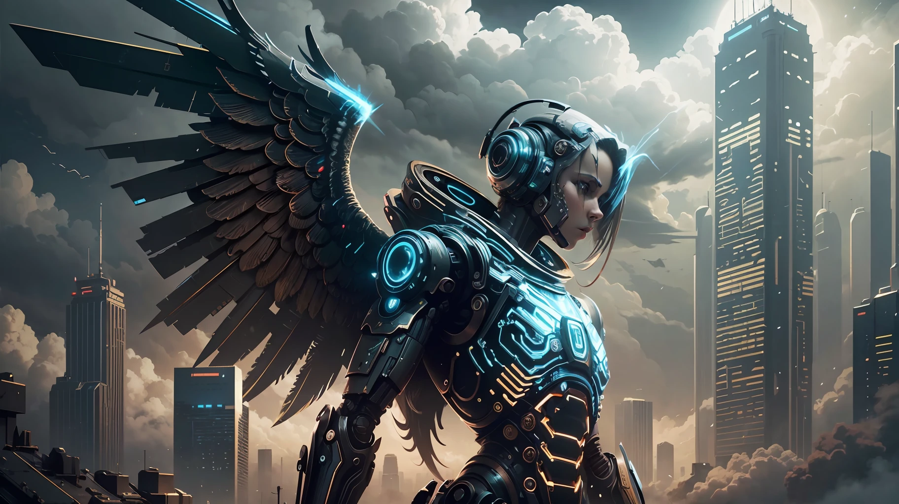 (detailed description) (best quality) robot with angel wings, in an apocalyptic world, background with dark color, stunt, cinematic colors, ultra realistic, 8k --auto --s2