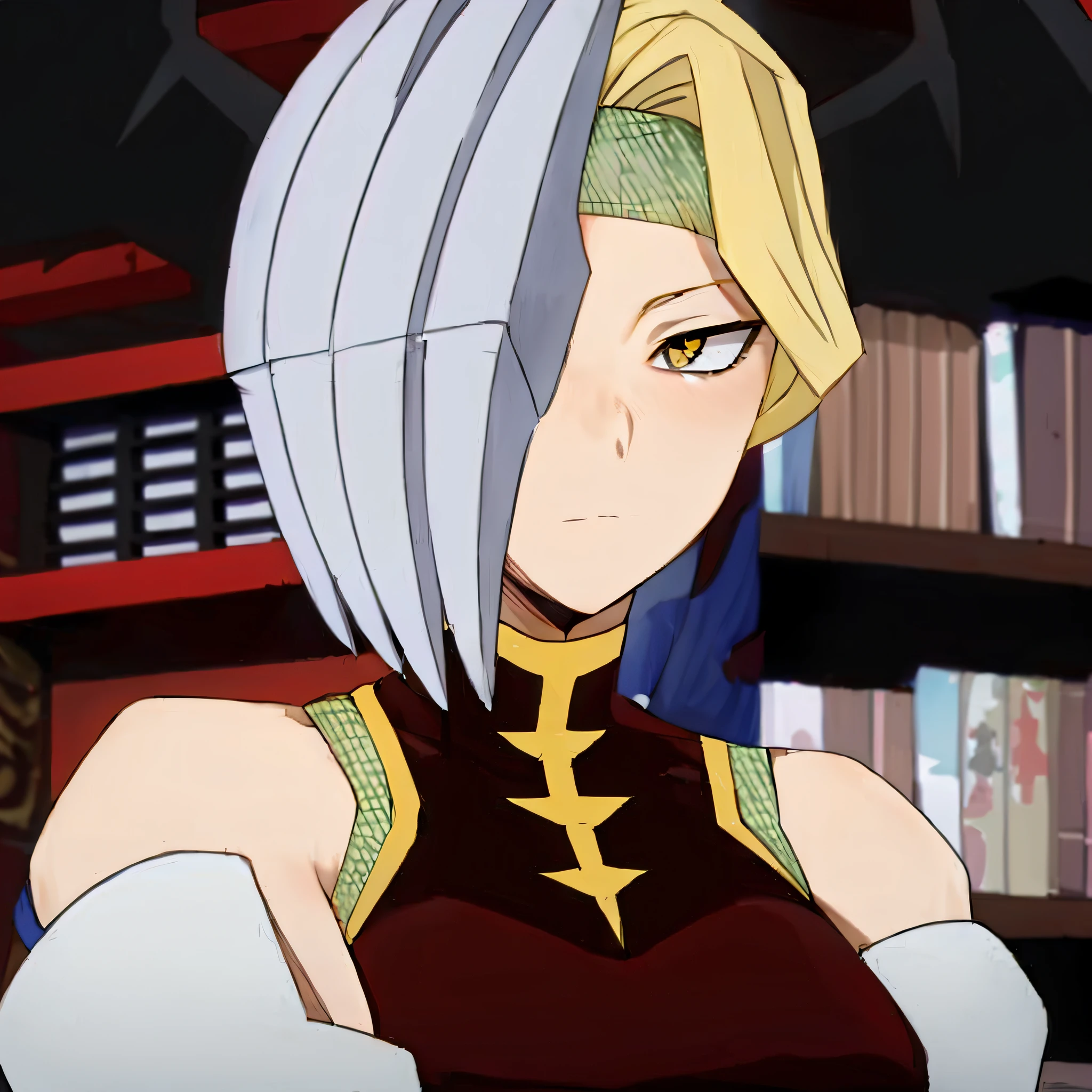anime girl with blonde hair, today's featured anime still, portrait of a female anime hero, my hero academia anime, female anime character, 1girl, solo, breasts, looking at viewer, blush, yellow eyes, simple background, 4k, high quality, masterpiece, best quality, qipao