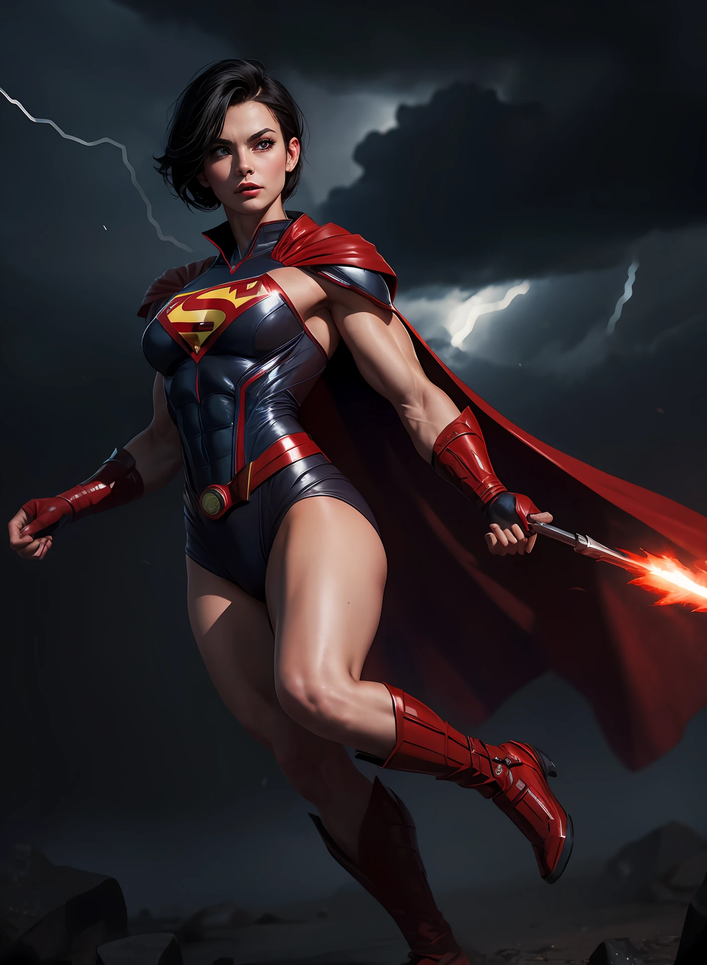 muscular lady in superman costume flying in sky, short black hair, red cape, glowing red eyes, arms up, storm, dark clouds, lightning, night, lightning, rain, particles