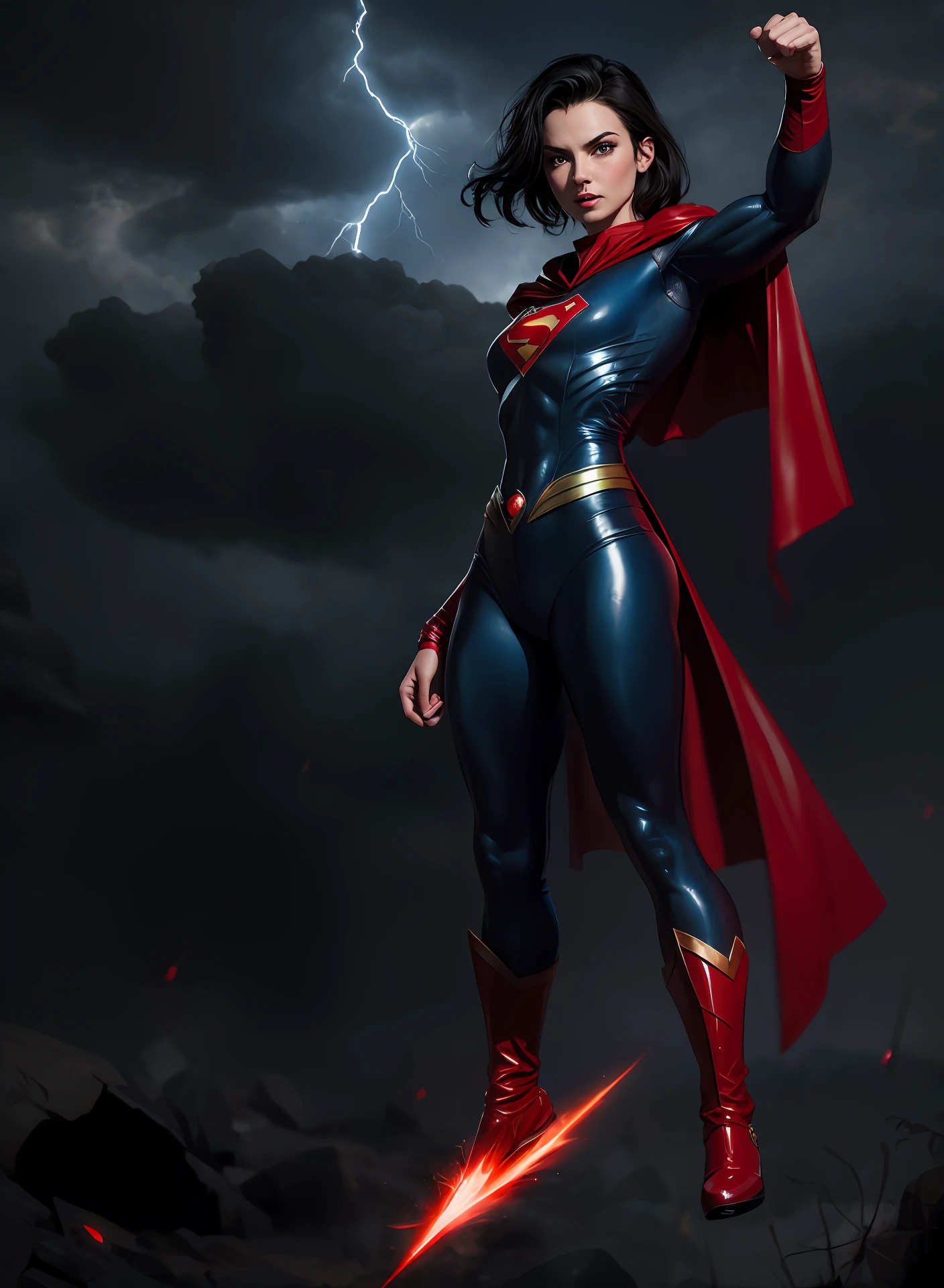 muscular lady in superman costume flying in sky, short black hair, red cape, glowing red eyes, arms up, storm, dark clouds, lightning, night, lightning, rain, particles