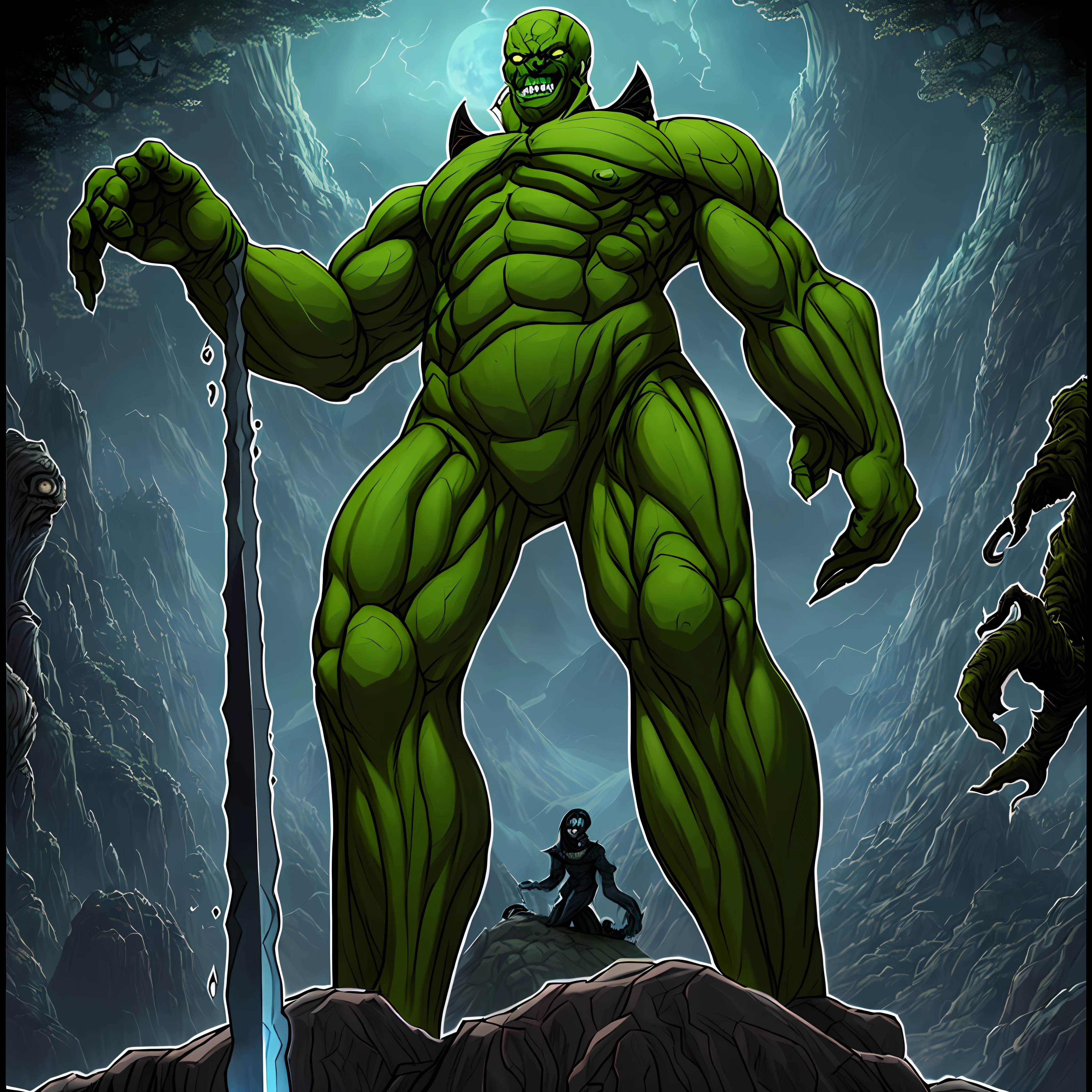 a cartoon of a man with a sword standing on a hill, a humanoid thistle monster, as an ugly titan, dark supervillain, villain pose, gollum as a titan, mix of venom and cthulhu, lich vecna (d&d), menacing pose, full body savage devilman, dnd goliath character concept, male djinn man demon hybrid