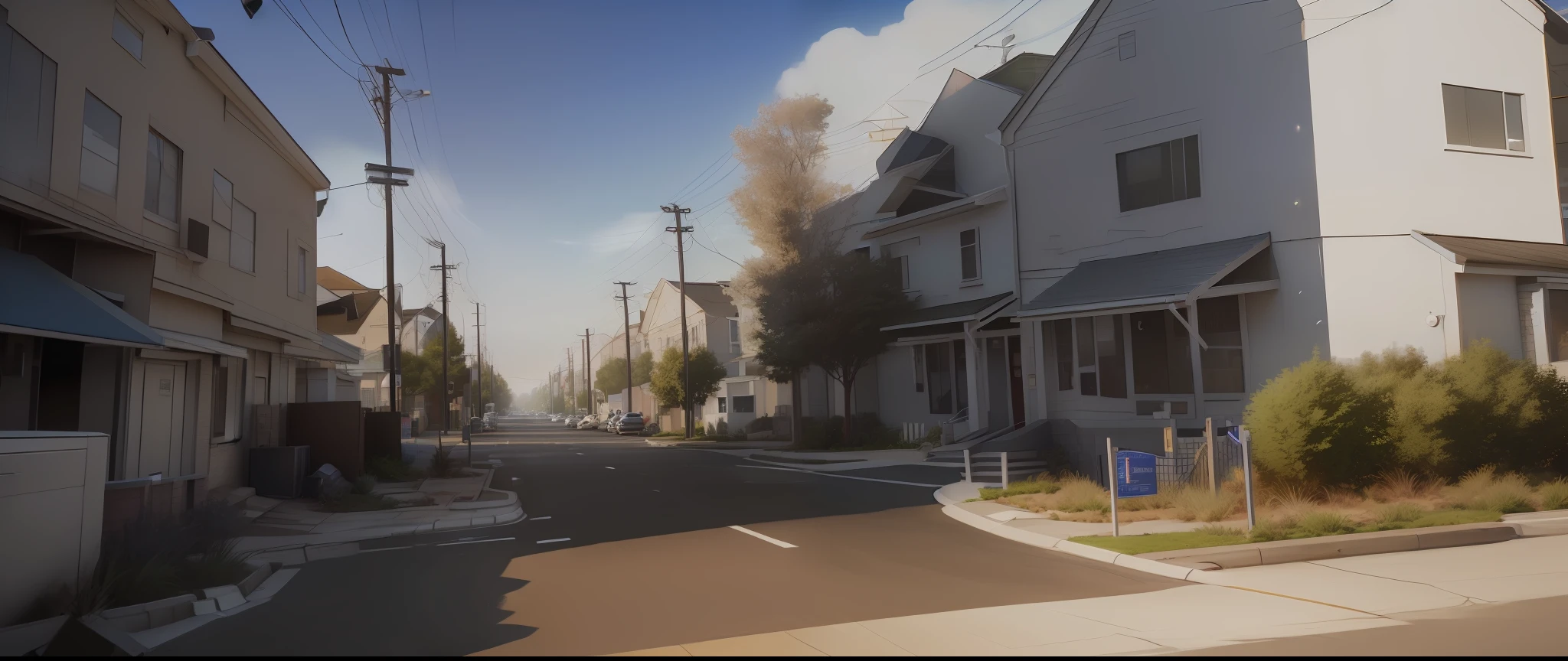 There is a cartoon image of a neighborhood with a sign for sale, toon rendering, realistic establishment shooting, suburb, amazing screenshot, in a suburb, american suburb, video game still, suburb street, commercial illustration, a hyper realistic, stylized digital illustration, background art, realistic cartoon, digital cartoon painting, realistic scene, cartoon style,  fan art, city background, ((Best quality)), ((masterpiece)), (detailed: 1.4), 3D,,HDR (High Dynamic Range),Ray Tracing,NVIDIA RTX,Super-Resolution,Unreal 5,Subsurface dispersion, PBR texture, Post-processing, Anisotropic filtering, Depth of field, Maximum clarity and sharpness, Multilayer textures, Albedo and specular maps, Surface shading, Accurate simulation of light-material interaction, Perfect proportions, Octane Render, Two-tone lighting, Wide Aperture,Low ISO,White Balance,Rule of Thirds,8K RAW,