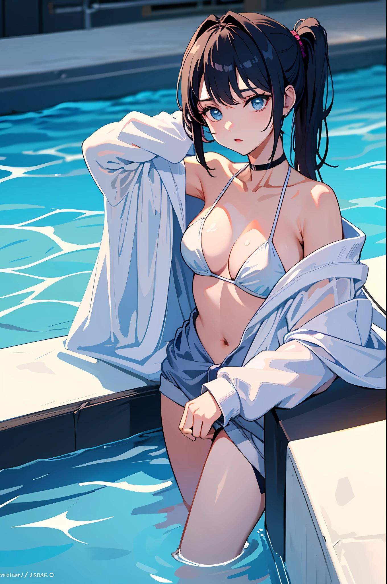 best quality, high resolution, distinctive image, 1woman, bikini, pool, wet, medium breasts, dark ponytail with bangs hair, choker, white skin,