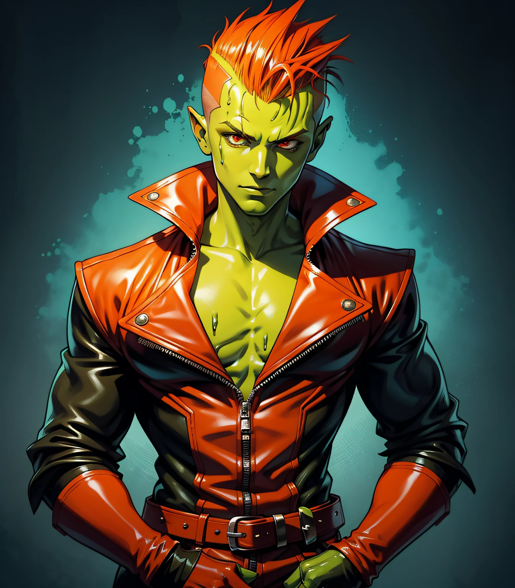Slime boy, (slime) Slime hair Mohawk
style, Orange-red , wearing wicked leather clothing, Masterpiece, Best Quality