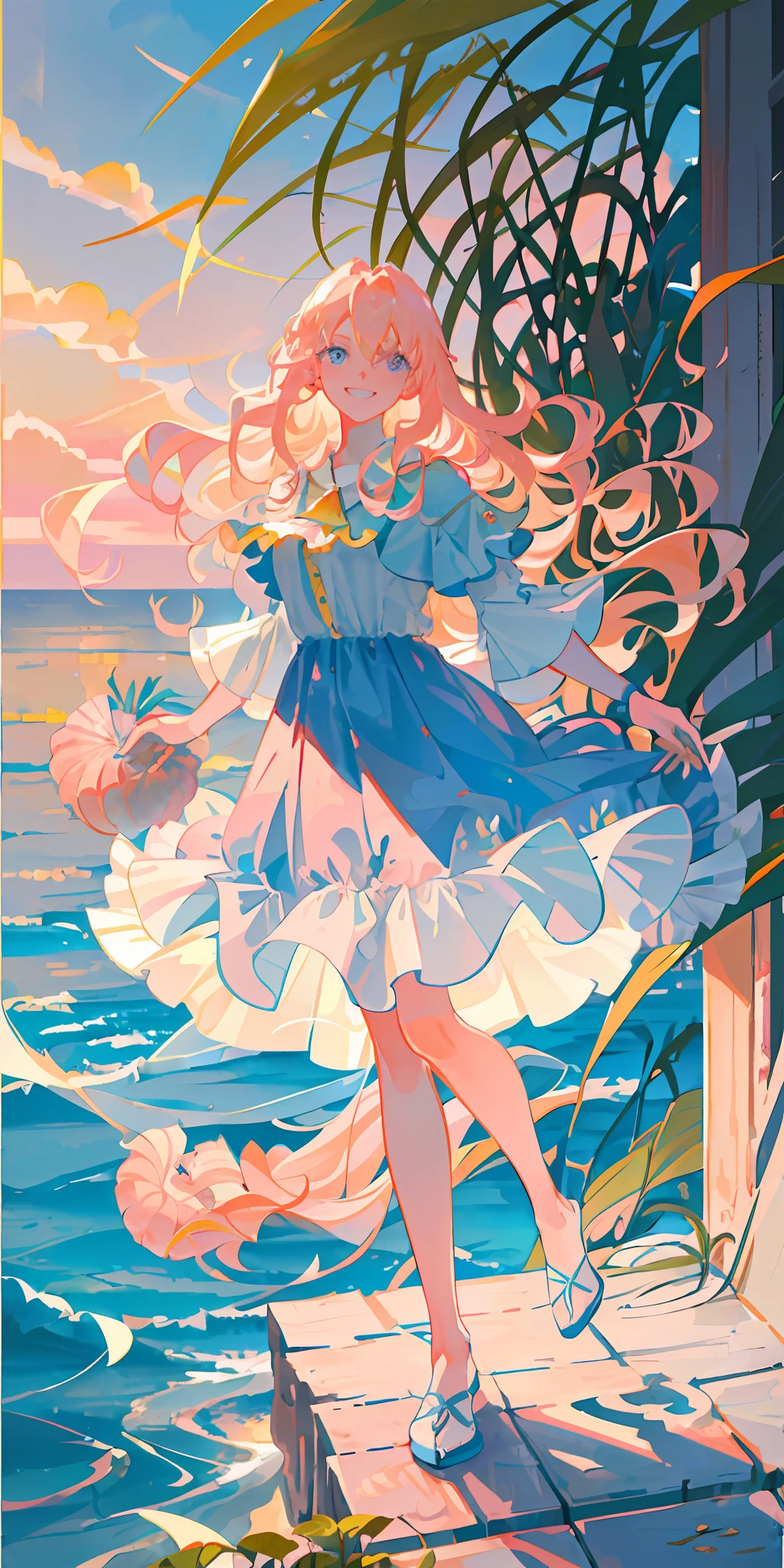 delicate and beautiful CG artwork),(best quality, ultra-detailed, high resolution),(dynamic angle, dynamic lighting),(1 character),(long wavy pink and blonde hair), blue eyes, beautiful face), 1 girl, (long sideburns, plants, smile, long blue dress, 3 d, ocean, water, beach ball, sea shells, sunny, windy, sunset